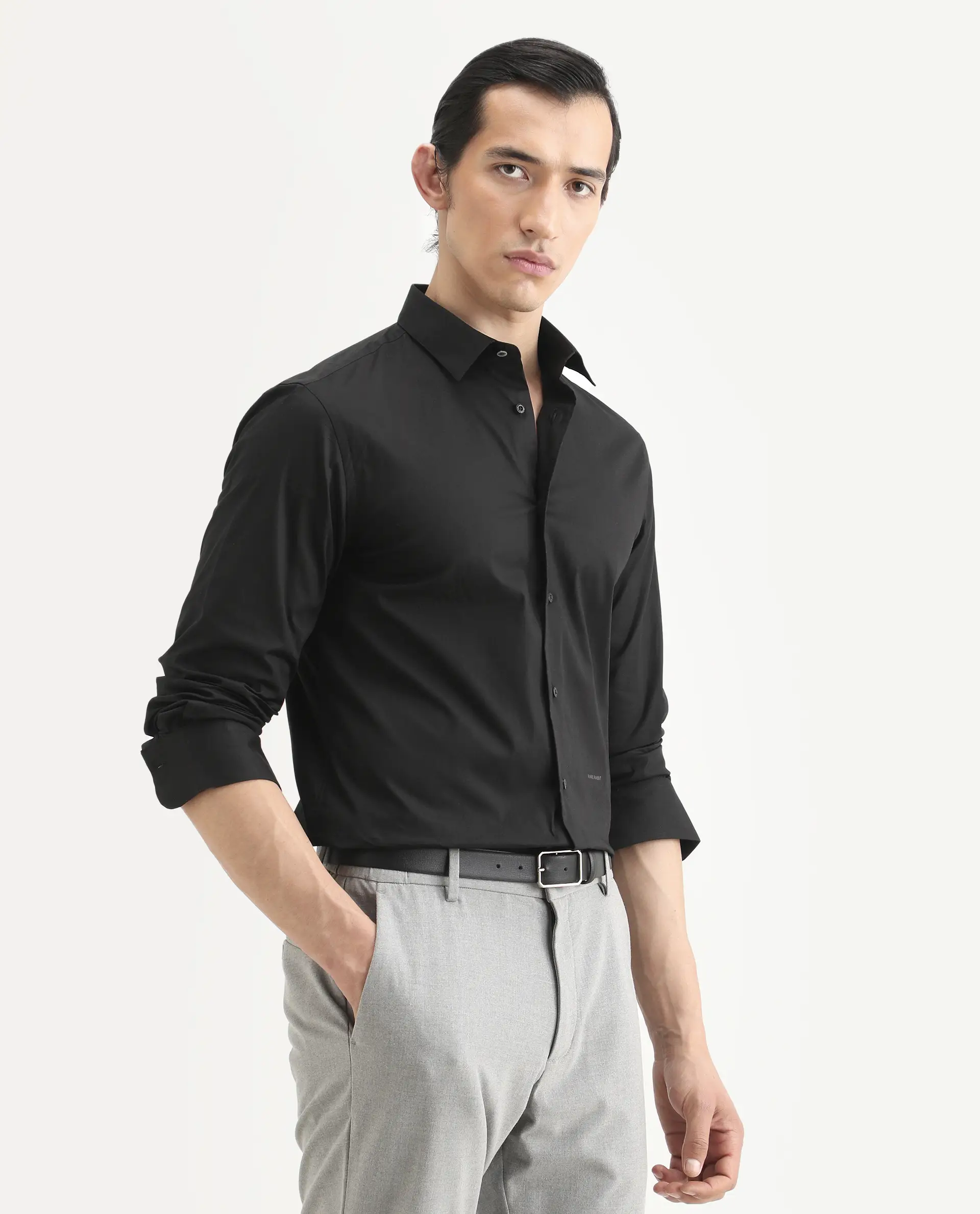 Rare Rabbit Men's Jewto Black Cotton Blend Fabric Full Sleeve Spread Collar Regular Fit Plain Shirt - Image 6
