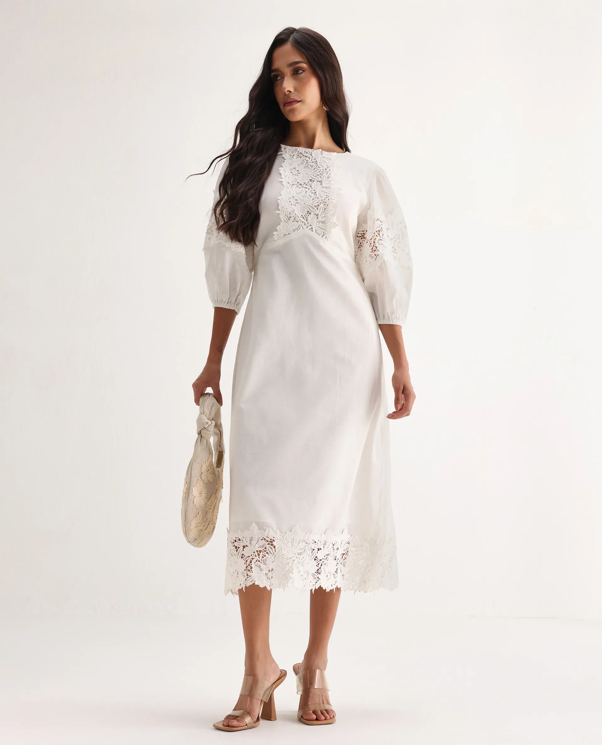 Rareism Women's Jex Off White Cotton Blend Round Neck A-Line Plain Midi Dress