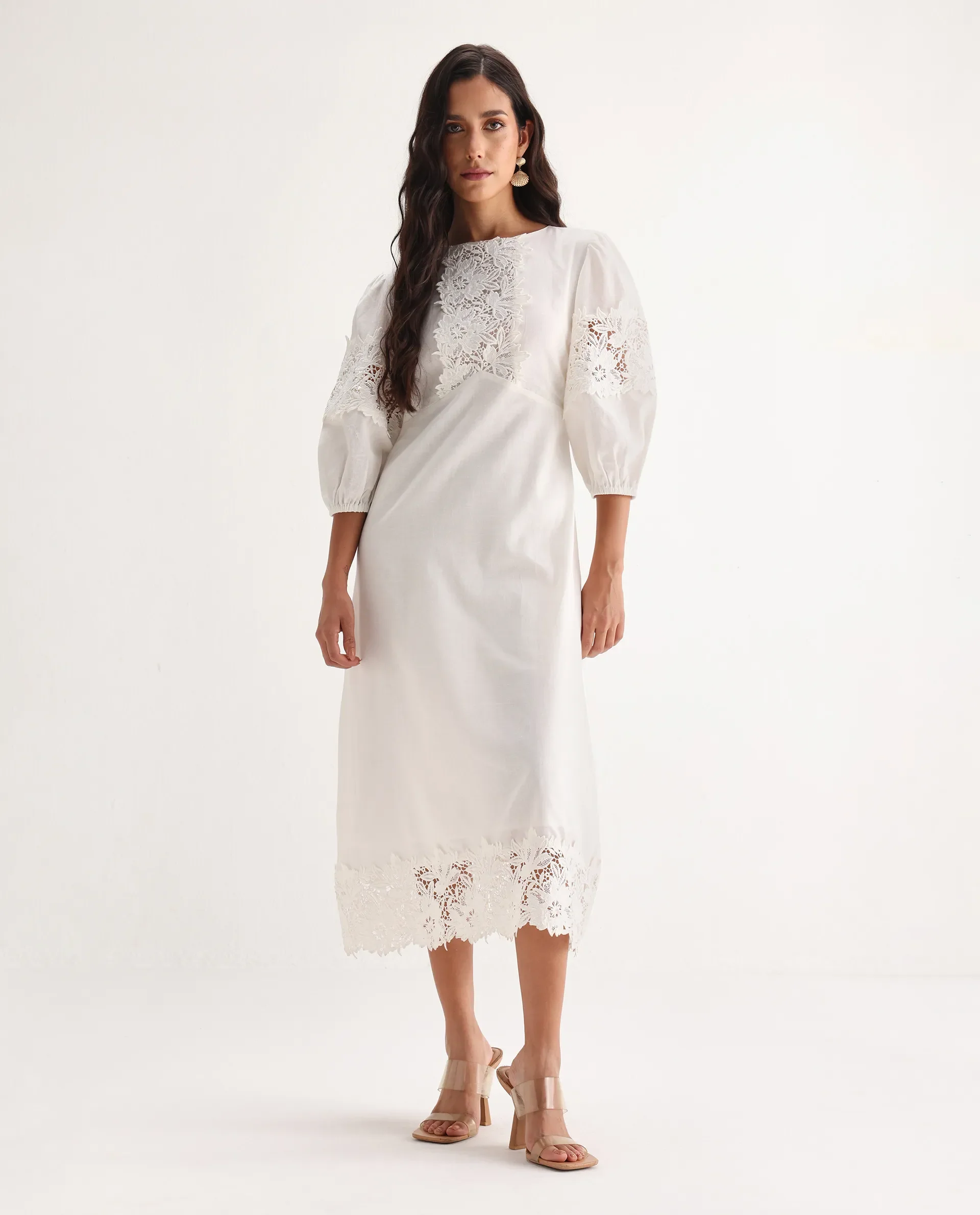 Rareism Women's Jex Off White Cotton Blend Round Neck A-Line Plain Midi Dress - Image 2