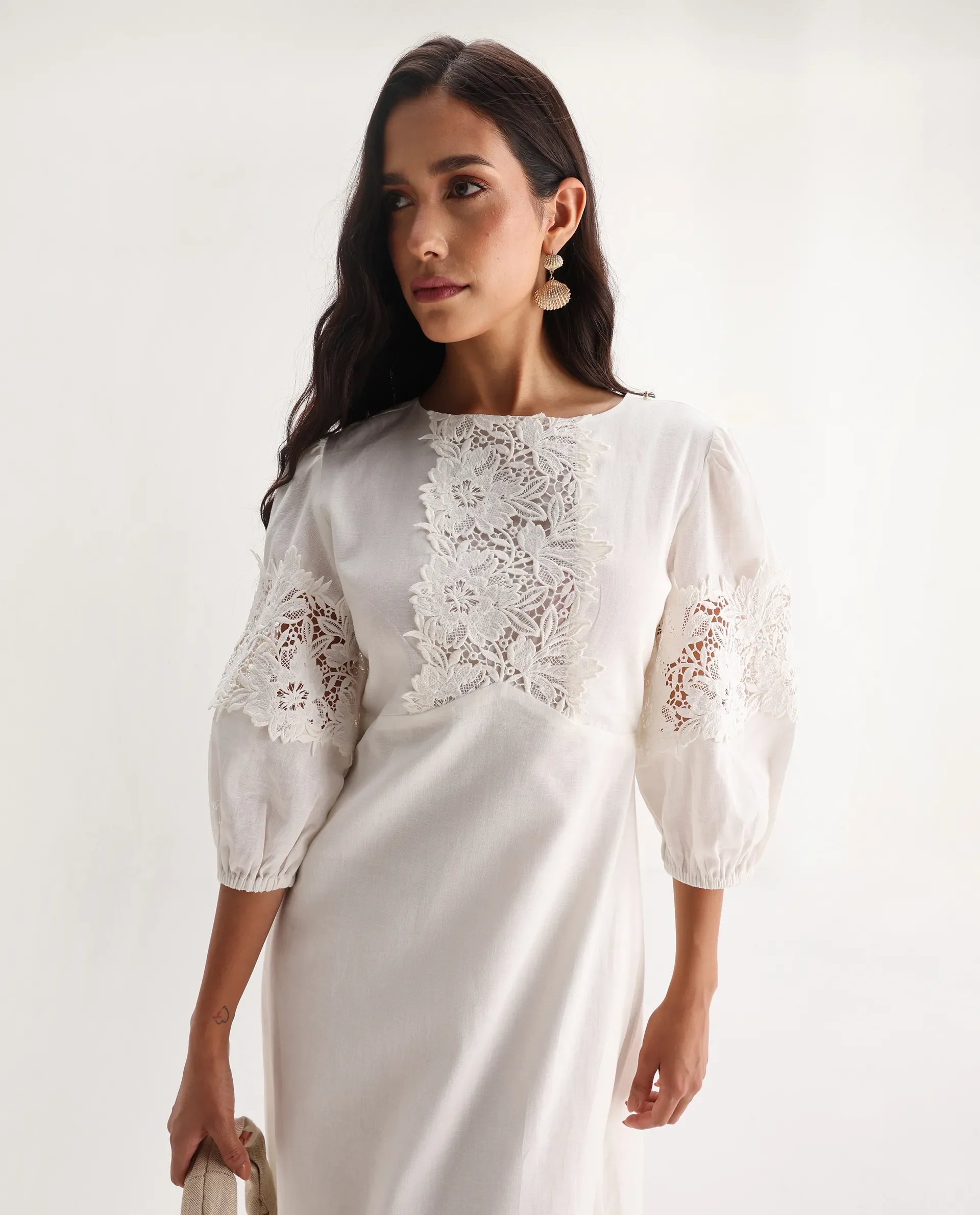 Rareism Women's Jex Off White Cotton Blend Round Neck A-Line Plain Midi Dress - Image 4