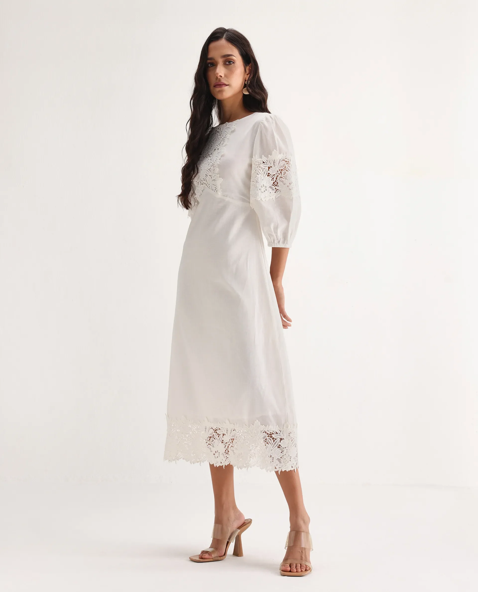 Rareism Women's Jex Off White Cotton Blend Round Neck A-Line Plain Midi Dress - Image 5
