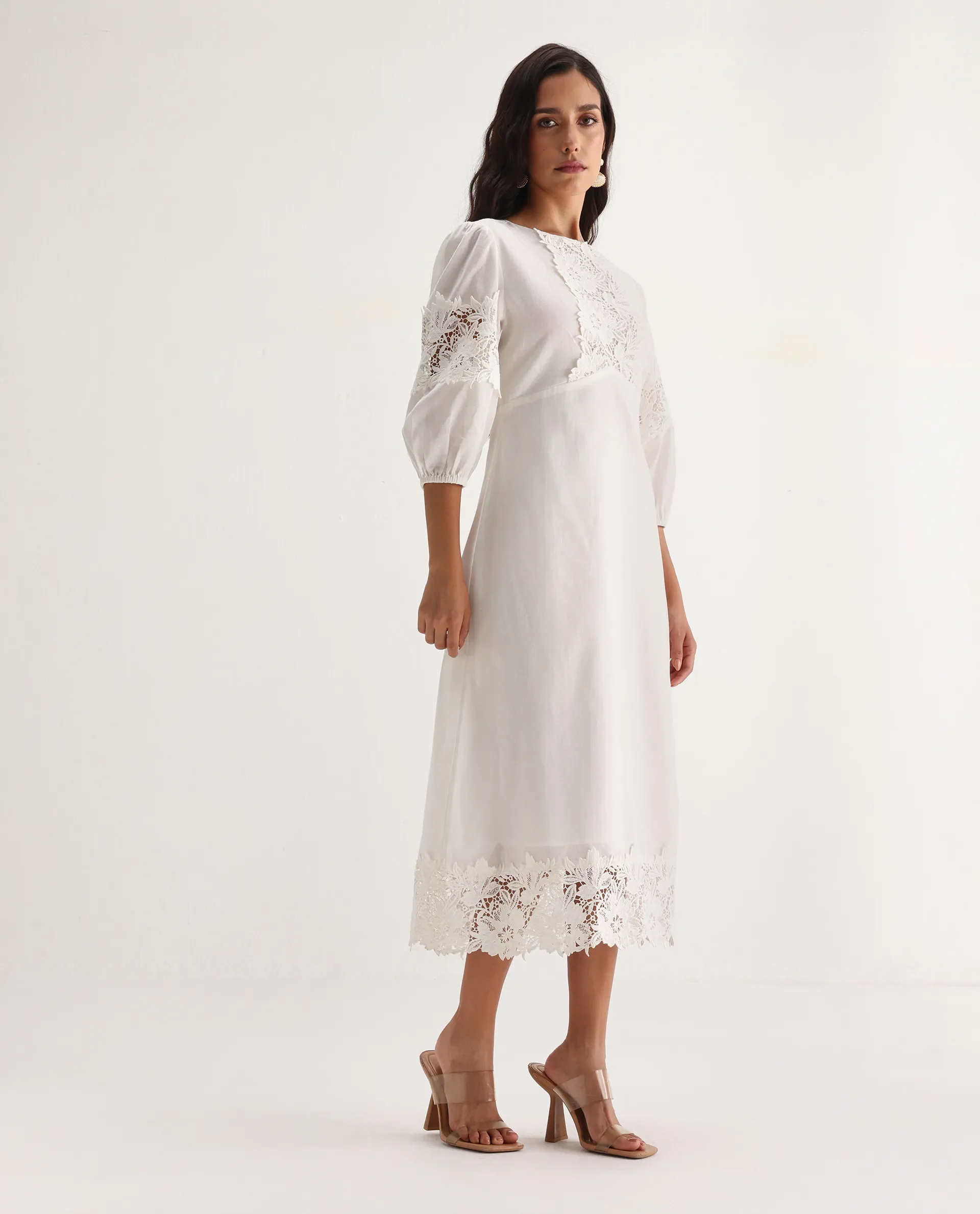 Rareism Women's Jex Off White Cotton Blend Round Neck A-Line Plain Midi Dress - Image 6