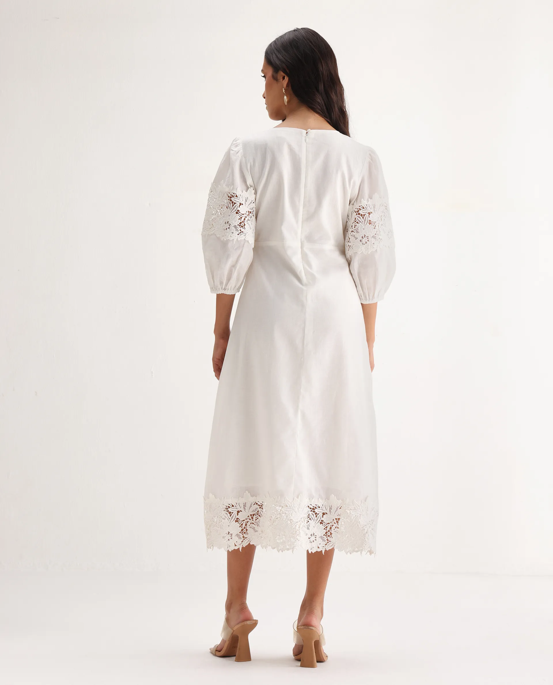 Rareism Women's Jex Off White Cotton Blend Round Neck A-Line Plain Midi Dress - Image 7