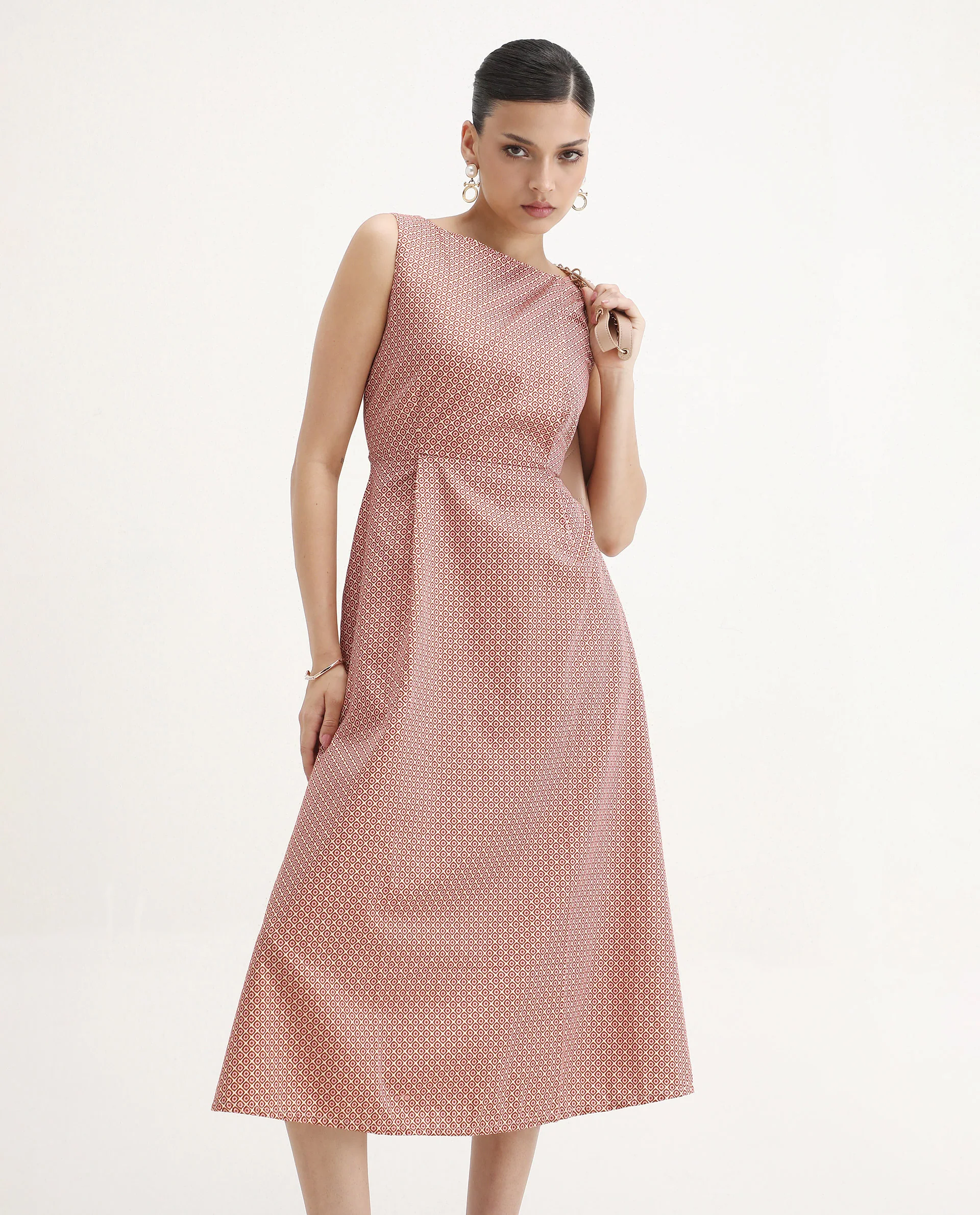 Rareism Women's Jexor Pink Cotton Boat Neck A-Line Printed Midi Dress