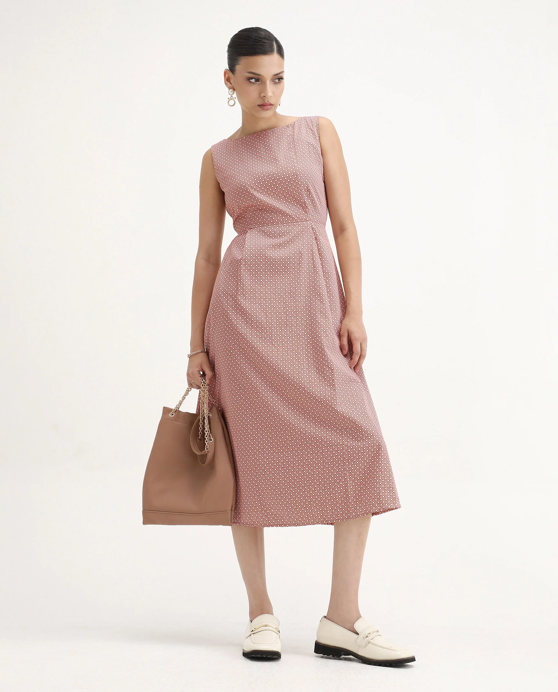 Rareism Women's Jexor Pink Cotton Boat Neck A-Line Printed Midi Dress - Image 2