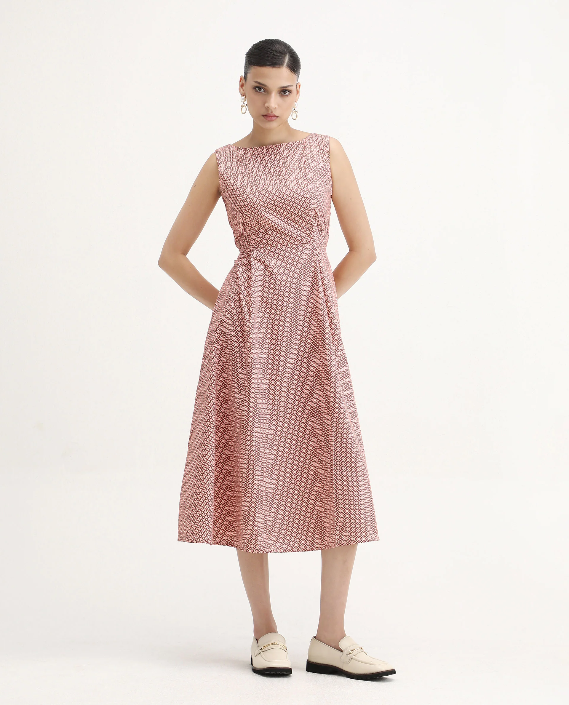 Rareism Women's Jexor Pink Cotton Boat Neck A-Line Printed Midi Dress - Image 3