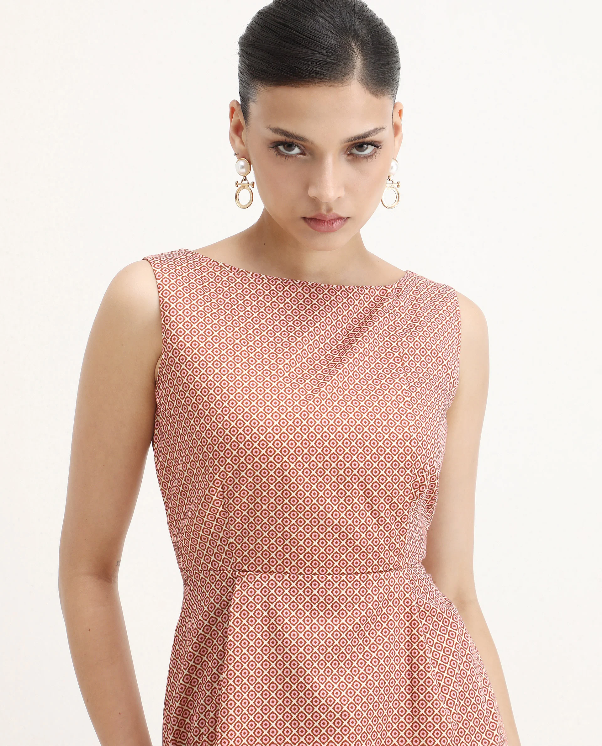 Rareism Women's Jexor Pink Cotton Boat Neck A-Line Printed Midi Dress - Image 4