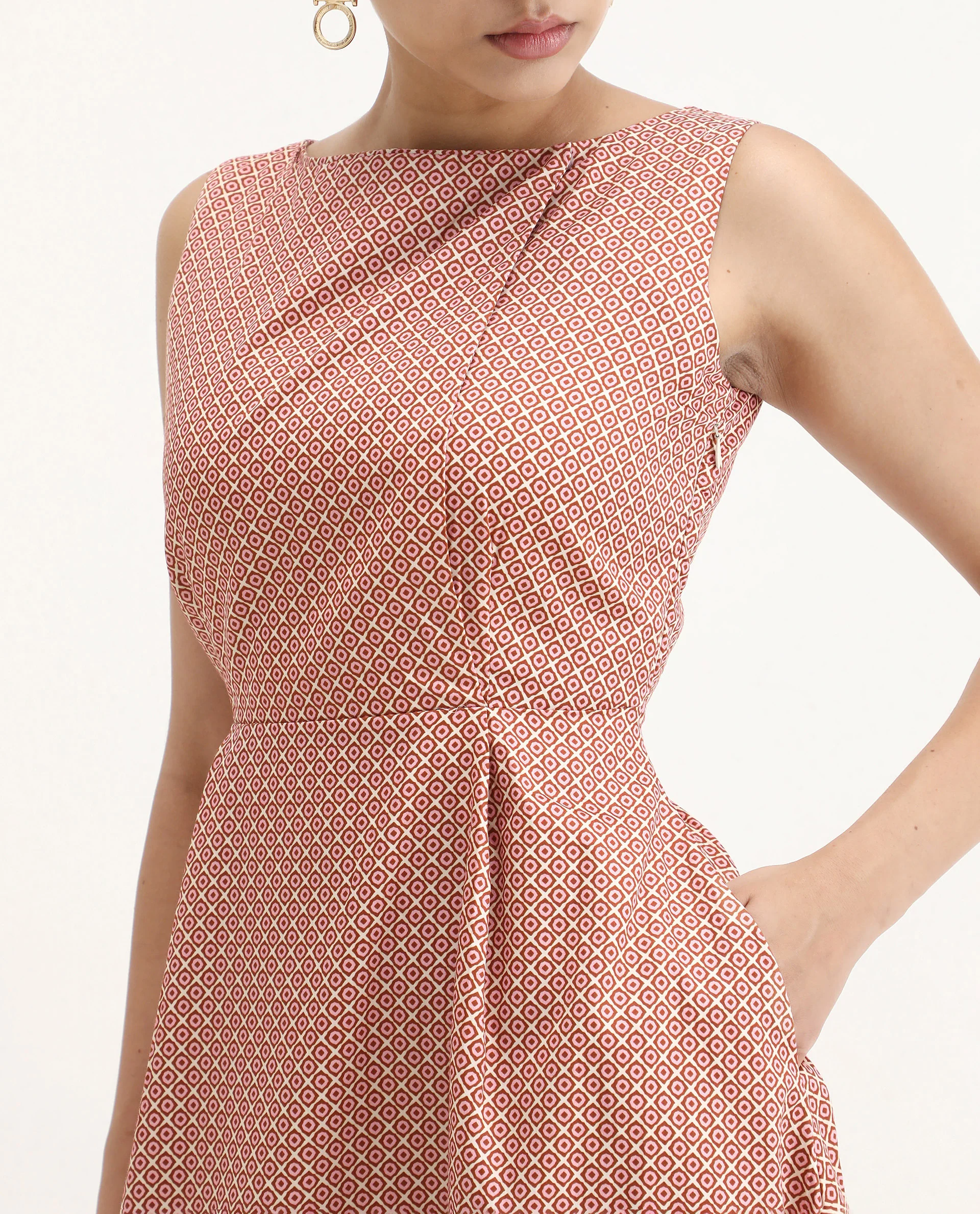 Rareism Women's Jexor Pink Cotton Boat Neck A-Line Printed Midi Dress - Image 5