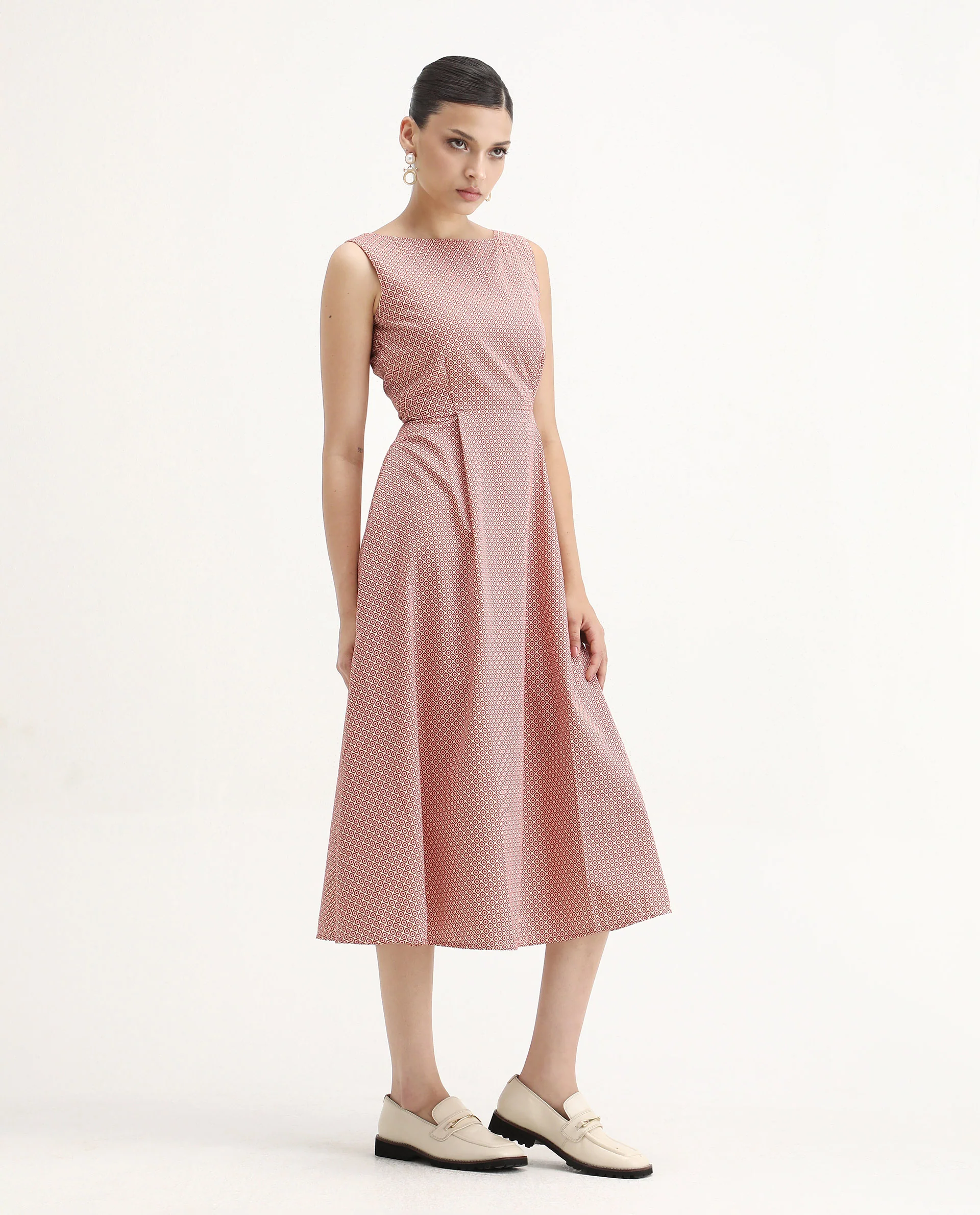 Rareism Women's Jexor Pink Cotton Boat Neck A-Line Printed Midi Dress - Image 7