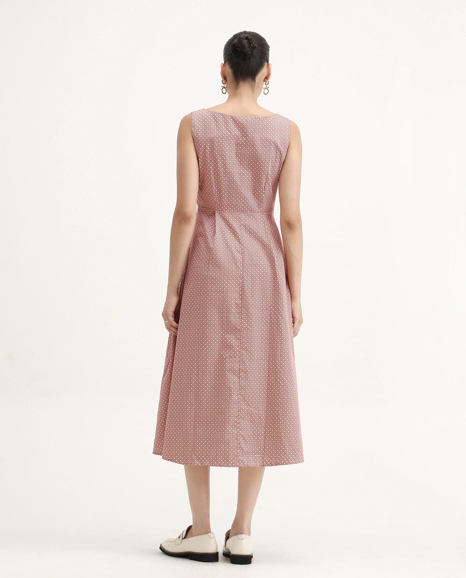 Rareism Women's Jexor Pink Cotton Boat Neck A-Line Printed Midi Dress - Image 8