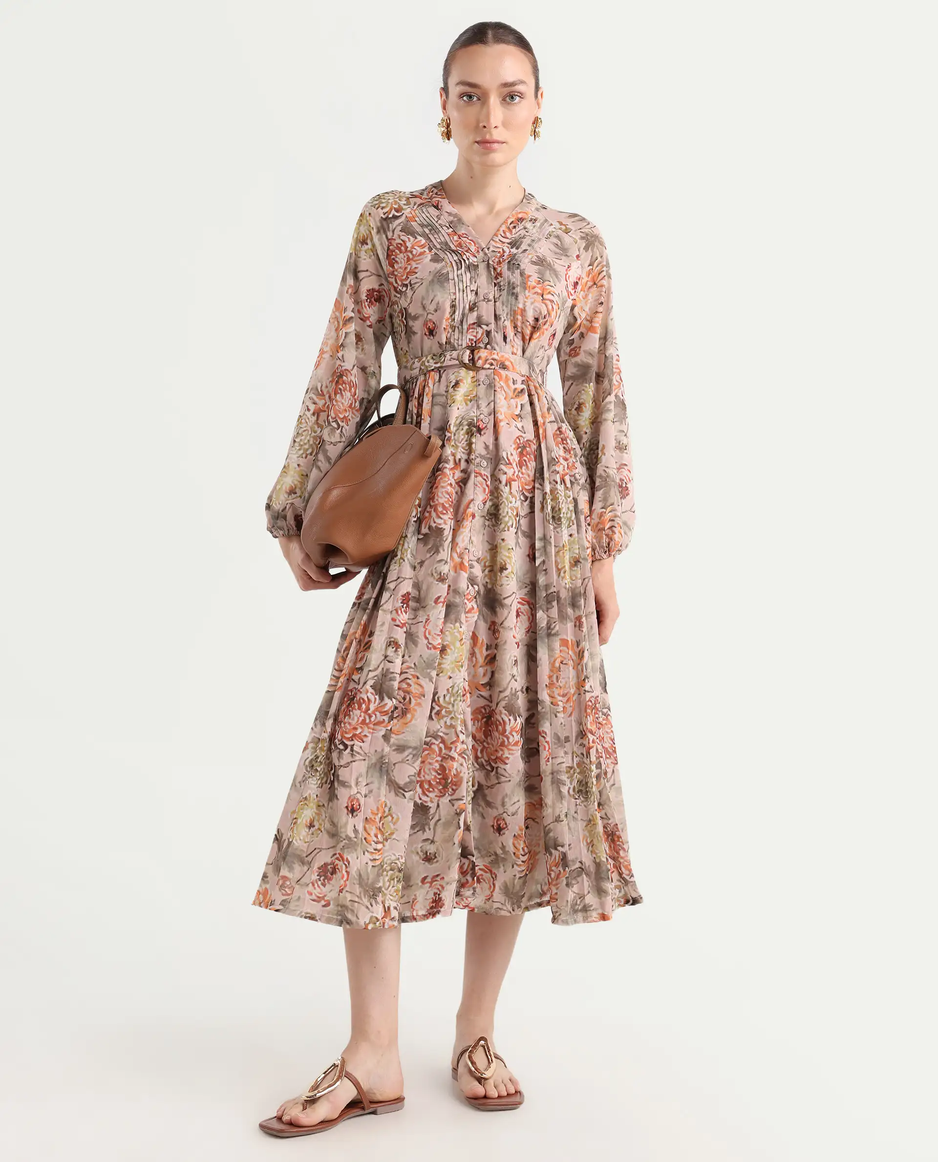 Rareism Women's Jibon Multi Polyester V-Neck Floral Print Midi A-Line Dress