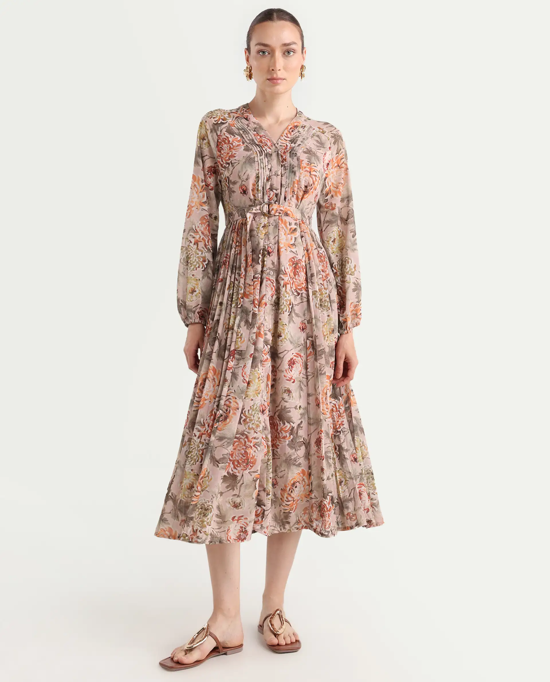 Rareism Women's Jibon Multi Polyester V-Neck Floral Print Midi A-Line Dress - Image 3
