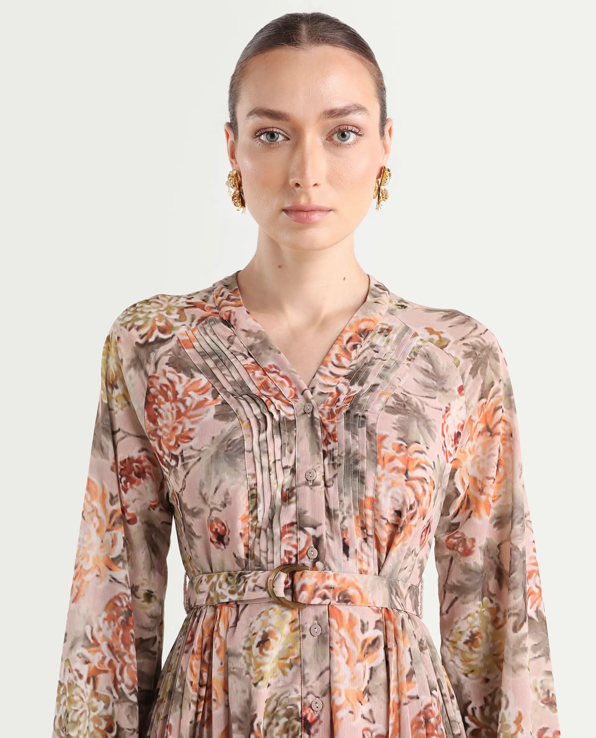Rareism Women's Jibon Multi Polyester V-Neck Floral Print Midi A-Line Dress - Image 4