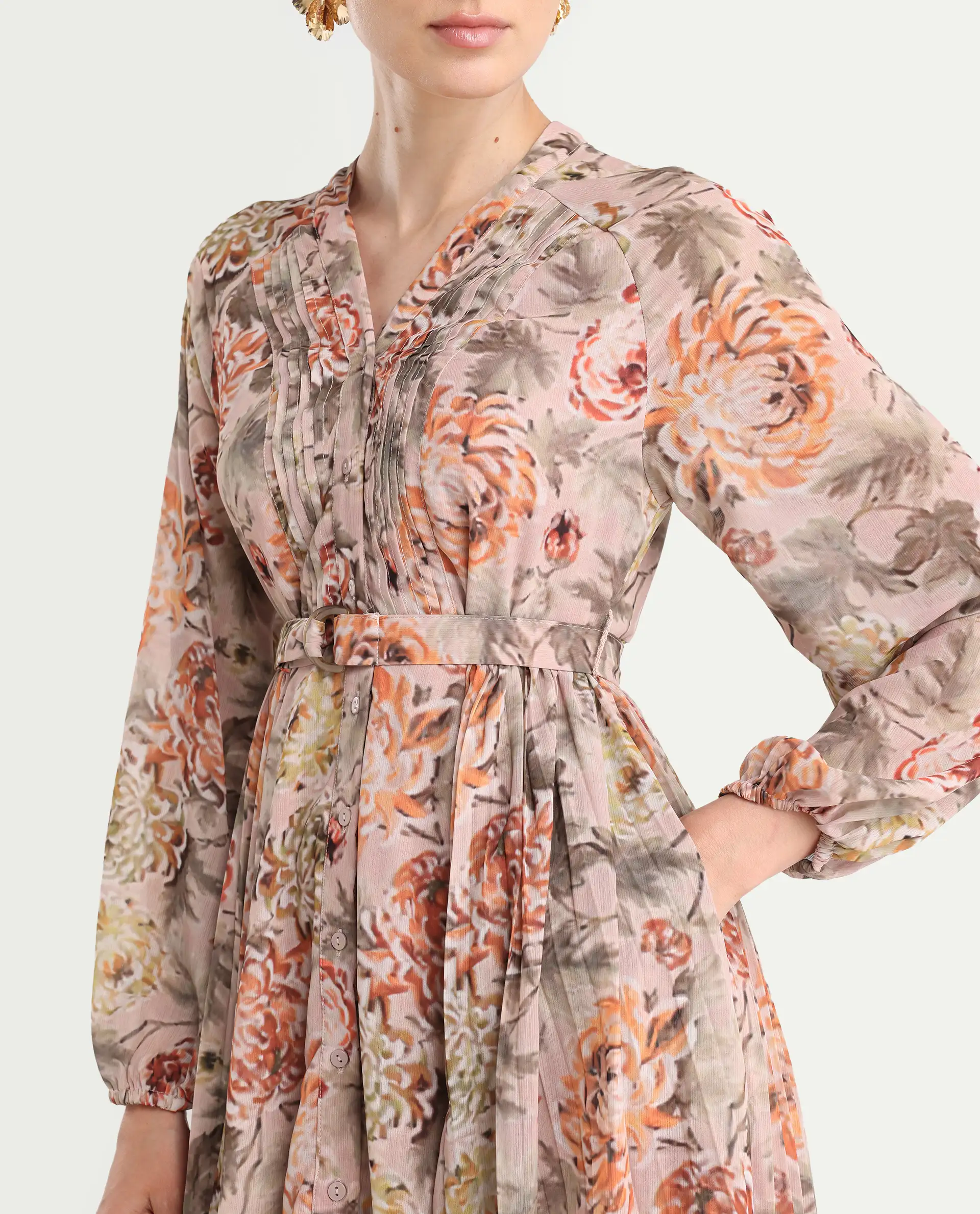 Rareism Women's Jibon Multi Polyester V-Neck Floral Print Midi A-Line Dress - Image 5