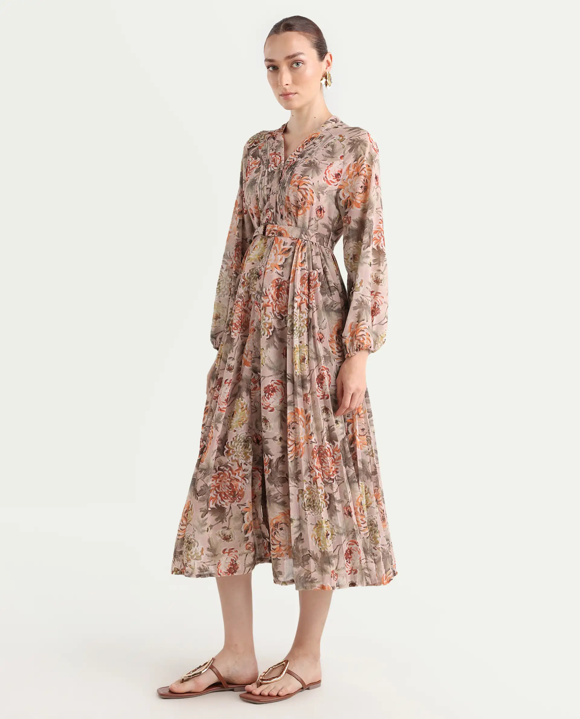 Rareism Women's Jibon Multi Polyester V-Neck Floral Print Midi A-Line Dress - Image 6