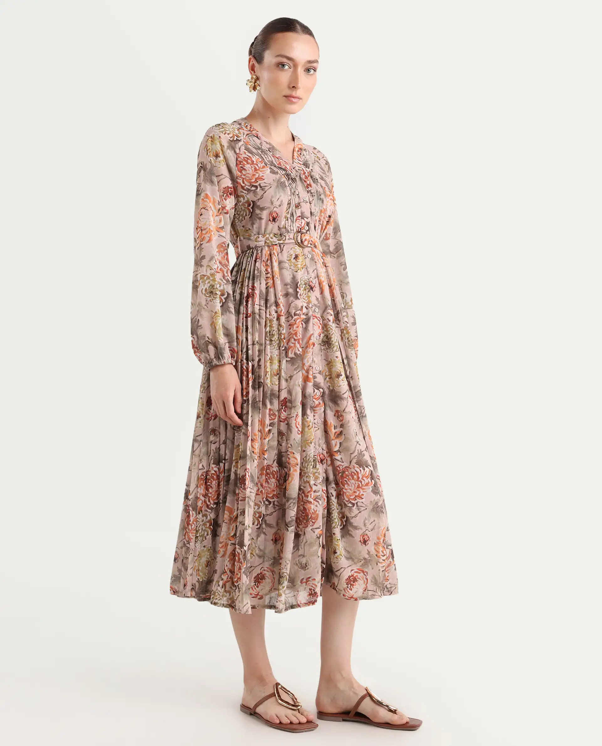 Rareism Women's Jibon Multi Polyester V-Neck Floral Print Midi A-Line Dress - Image 7