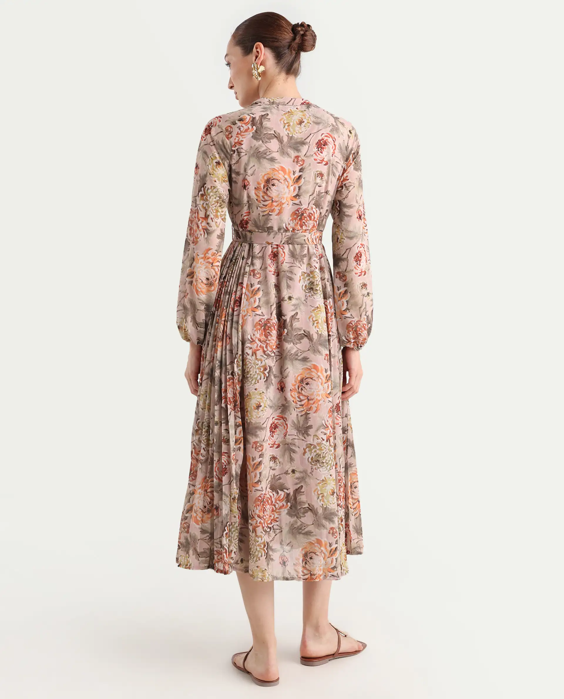 Rareism Women's Jibon Multi Polyester V-Neck Floral Print Midi A-Line Dress - Image 8