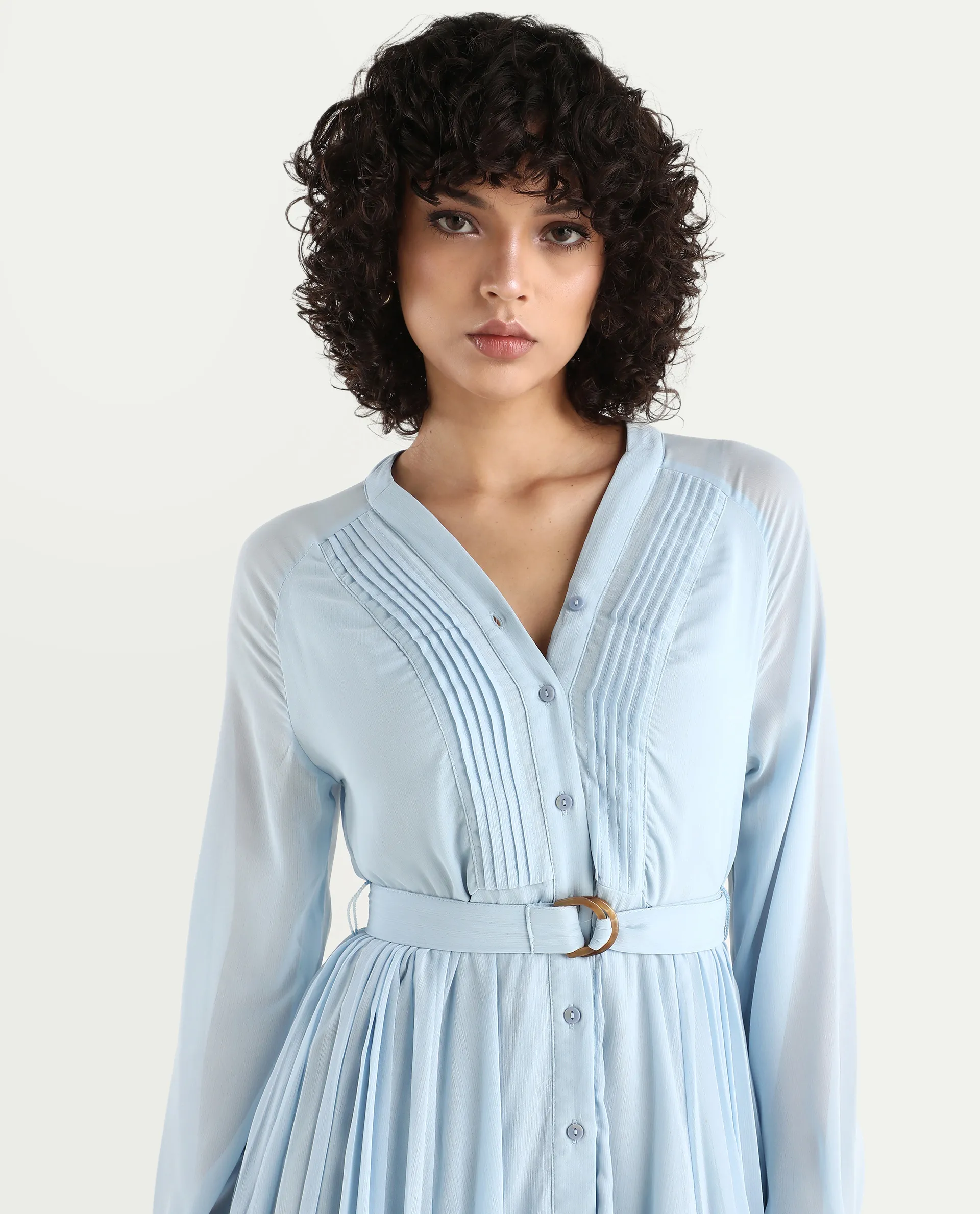 Rareism Women's Jibouti - Light Blue Polyester V-Neck Plain Raglan Sleeve Maxi A-Line Dress - Image 2
