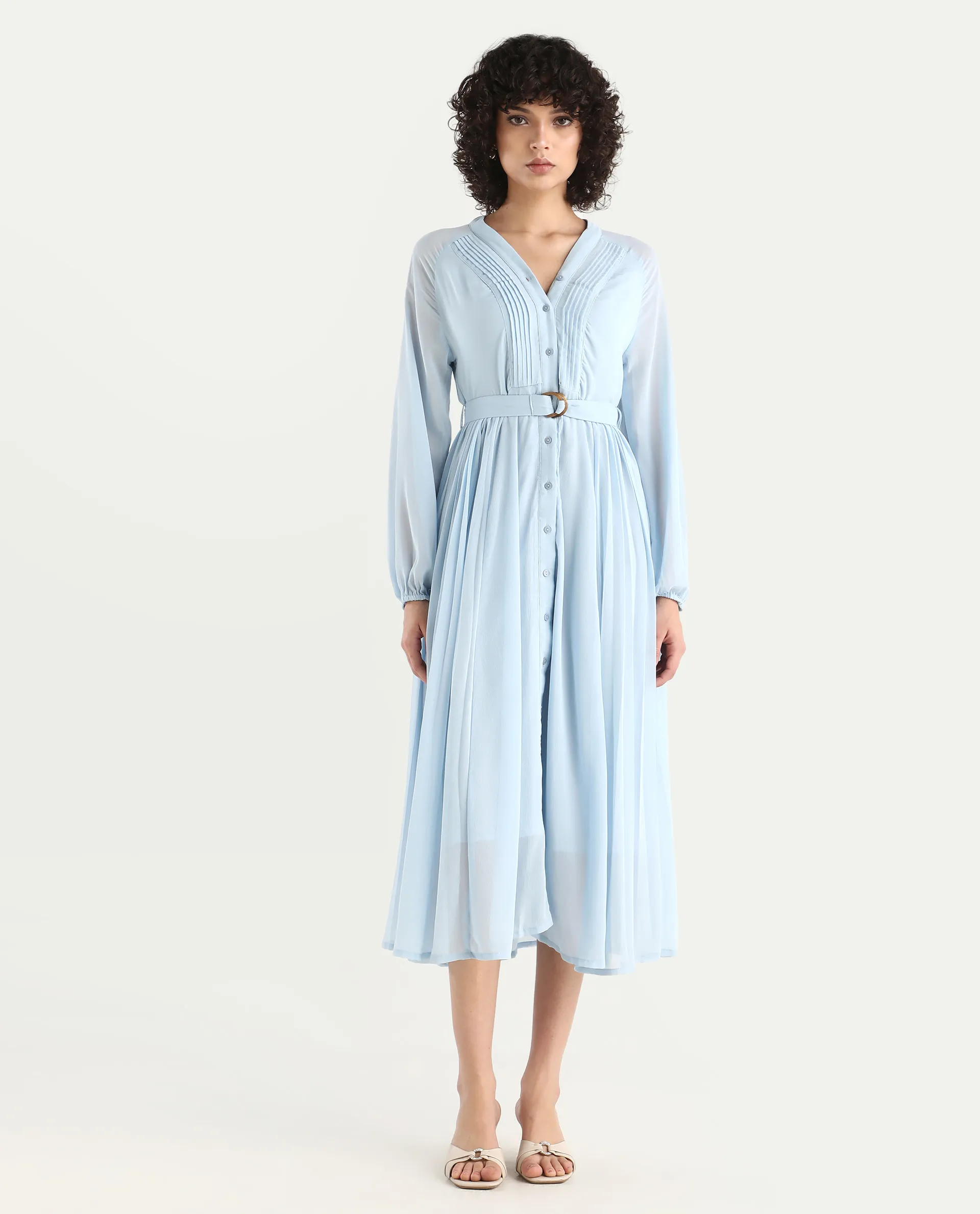 Rareism Women's Jibouti - Light Blue Polyester V-Neck Plain Raglan Sleeve Maxi A-Line Dress - Image 3