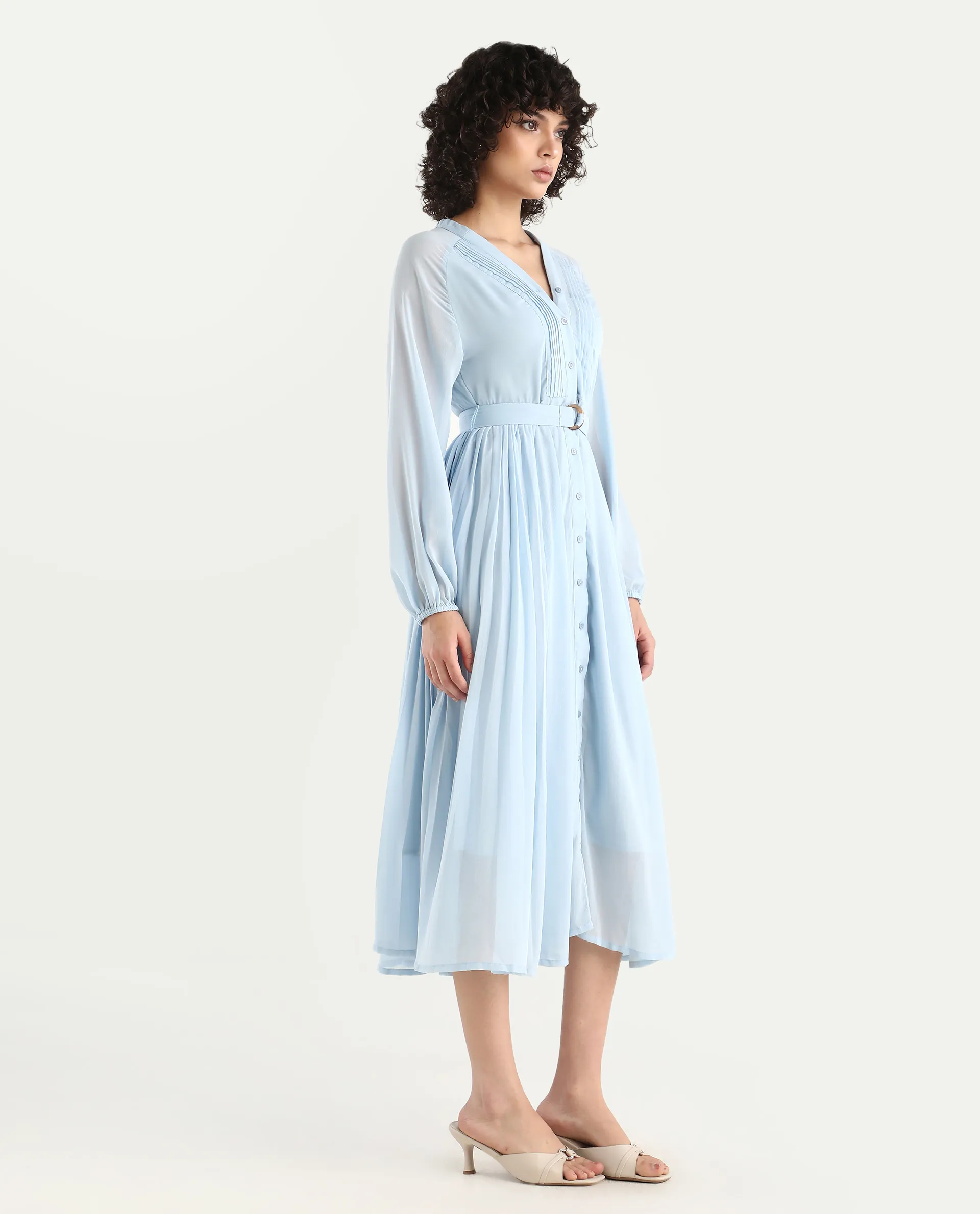 Rareism Women's Jibouti - Light Blue Polyester V-Neck Plain Raglan Sleeve Maxi A-Line Dress - Image 4