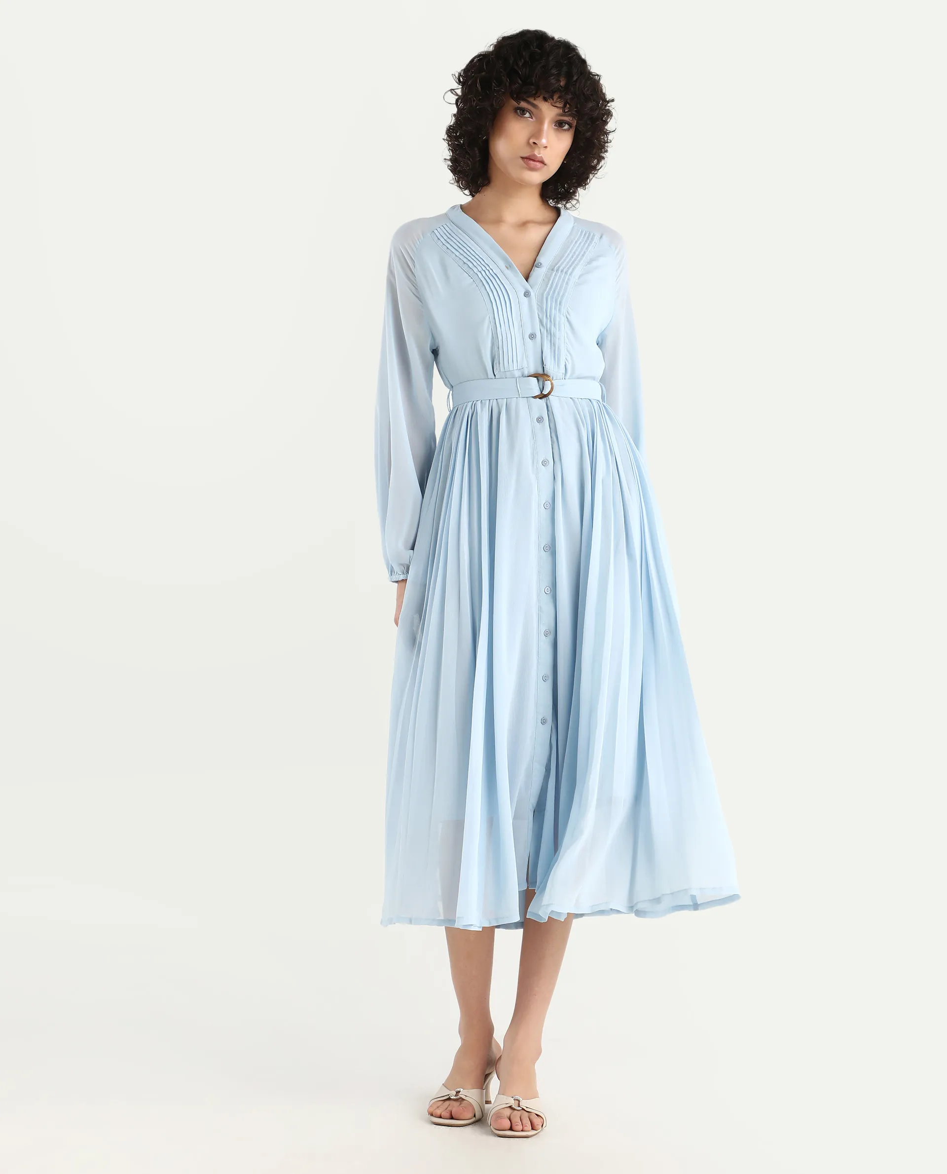 Rareism Women's Jibouti - Light Blue Polyester V-Neck Plain Raglan Sleeve Maxi A-Line Dress - Image 5