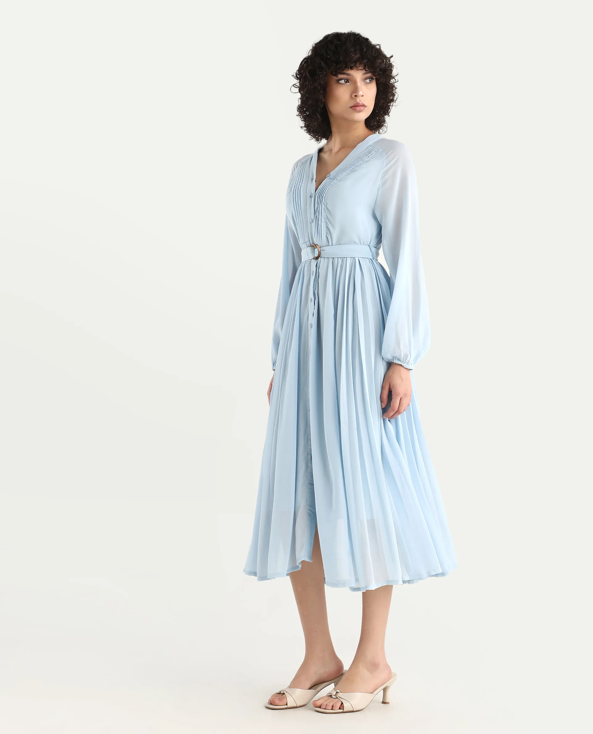 Rareism Women's Jibouti - Light Blue Polyester V-Neck Plain Raglan Sleeve Maxi A-Line Dress - Image 6