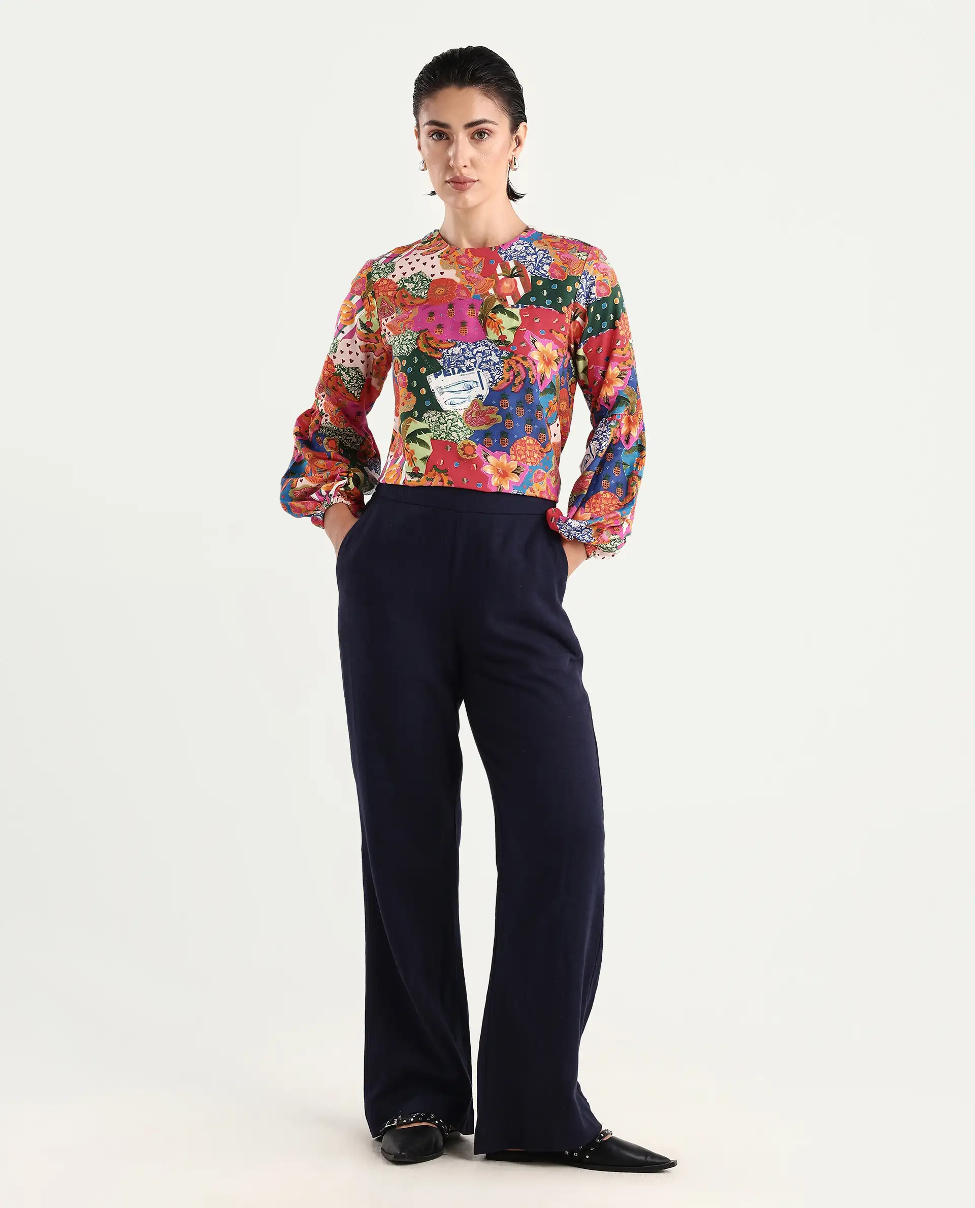 Rareism Women's Jibve Multi Rayon Crew Neck Abstract Print Lantern Sleeve Regular Fit Top - Image 2