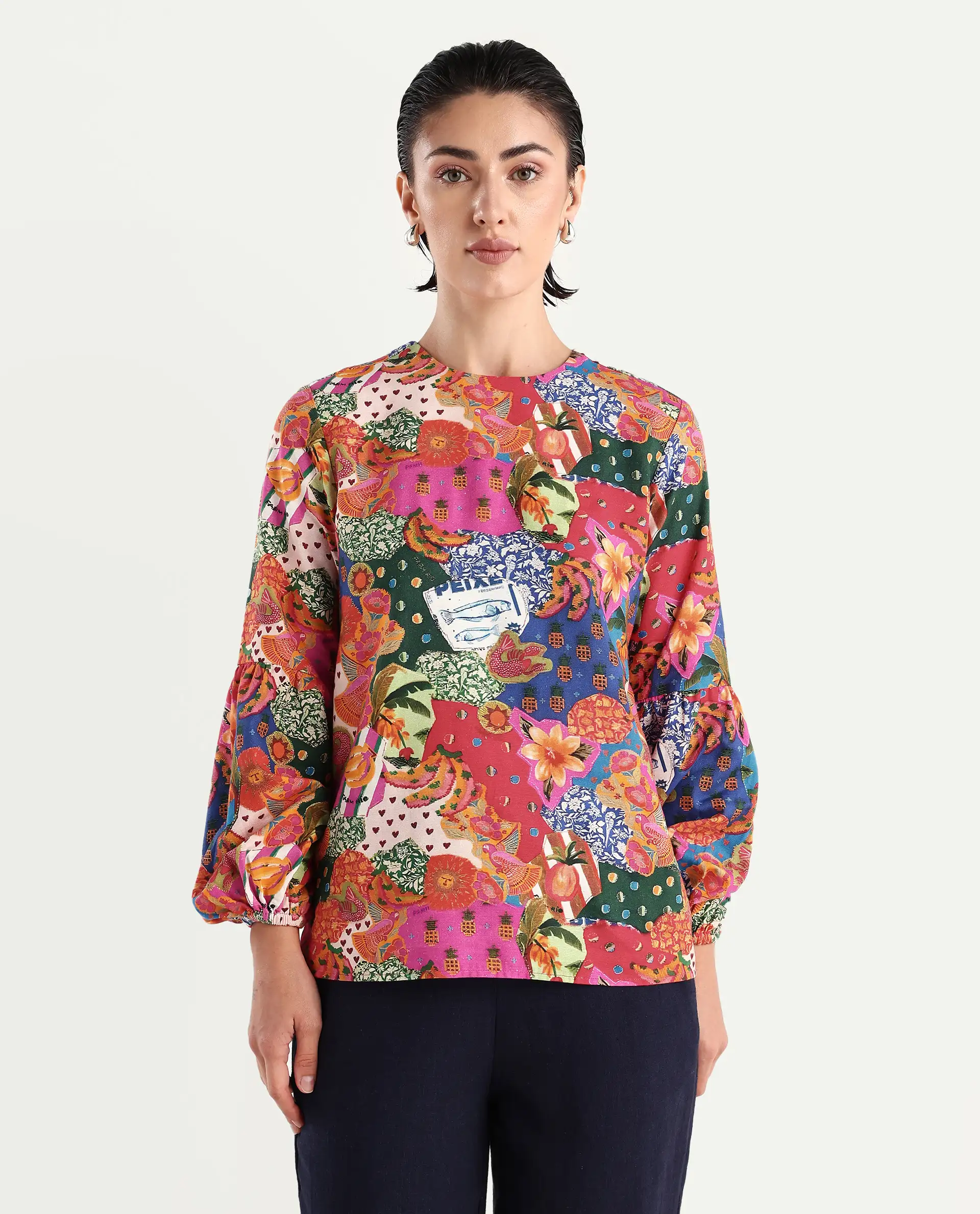 Rareism Women's Jibve Multi Rayon Crew Neck Abstract Print Lantern Sleeve Regular Fit Top - Image 4