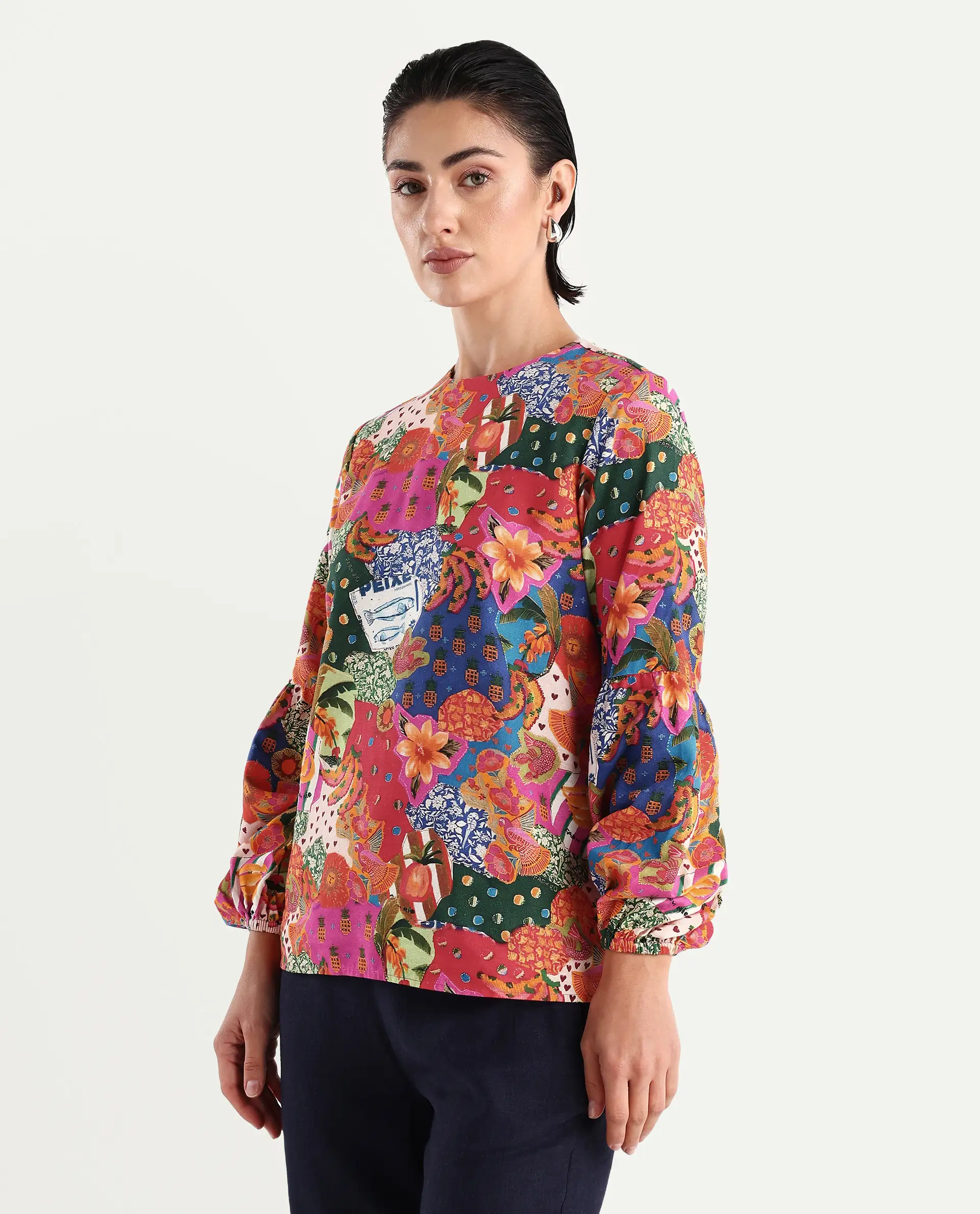Rareism Women's Jibve Multi Rayon Crew Neck Abstract Print Lantern Sleeve Regular Fit Top - Image 5