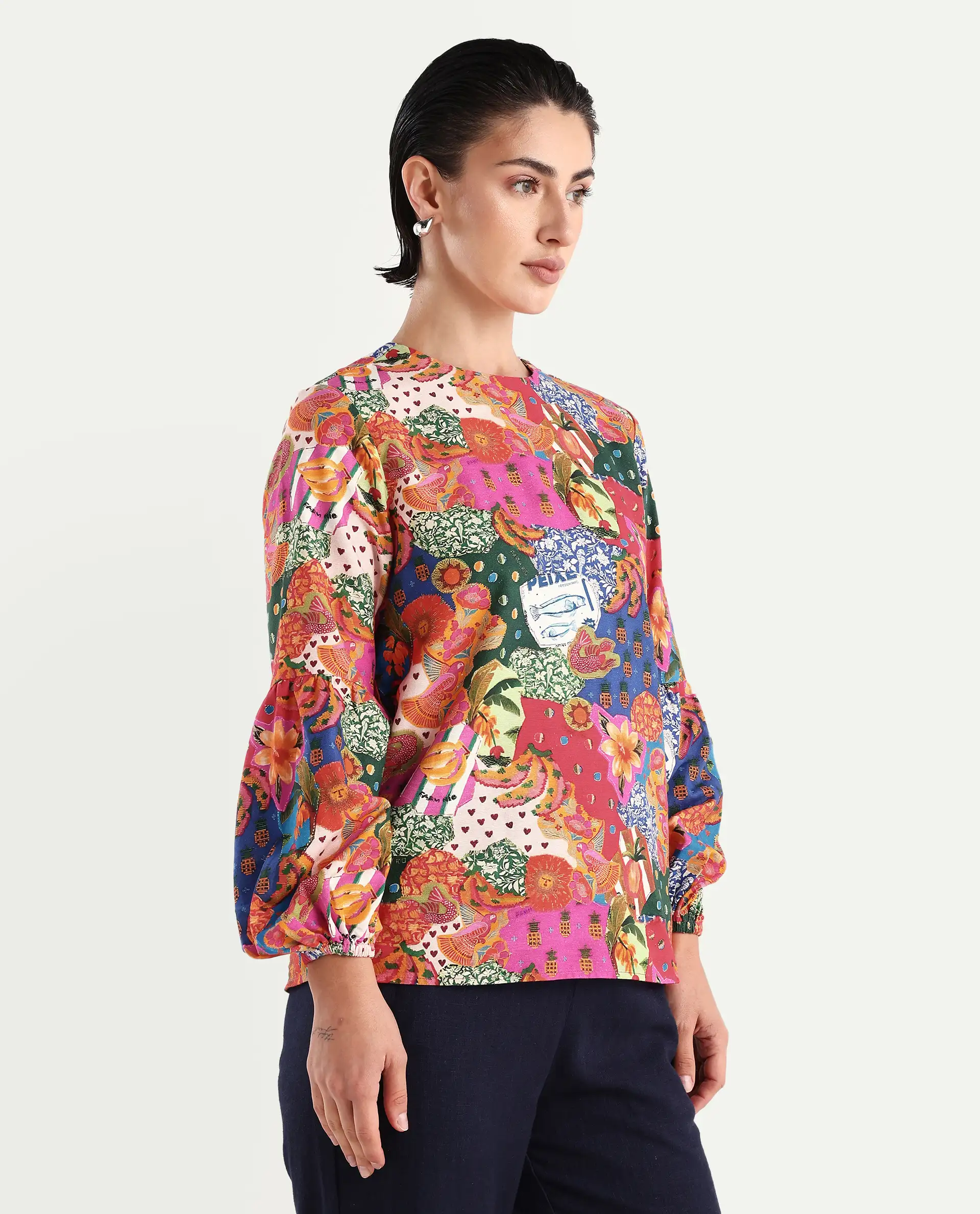 Rareism Women's Jibve Multi Rayon Crew Neck Abstract Print Lantern Sleeve Regular Fit Top - Image 6