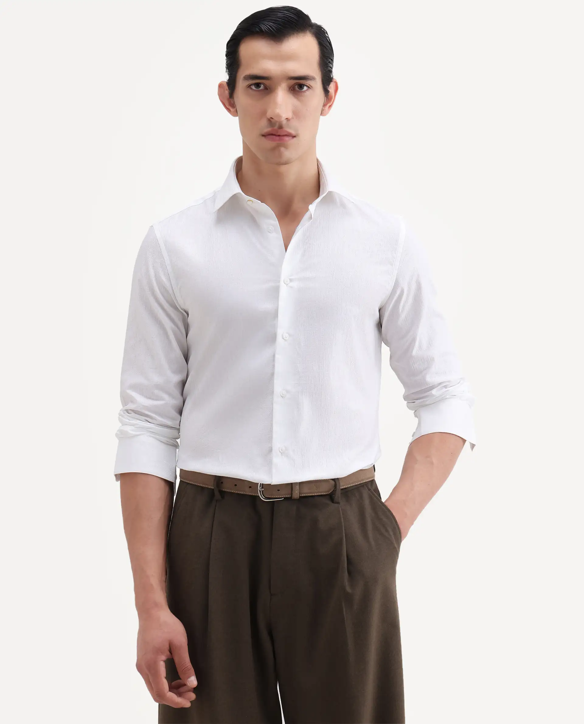 Rare Rabbit Men's Jige White Cotton Fabric Full Sleeve Spread Collar Button Regular Plain Shirt - Image 4