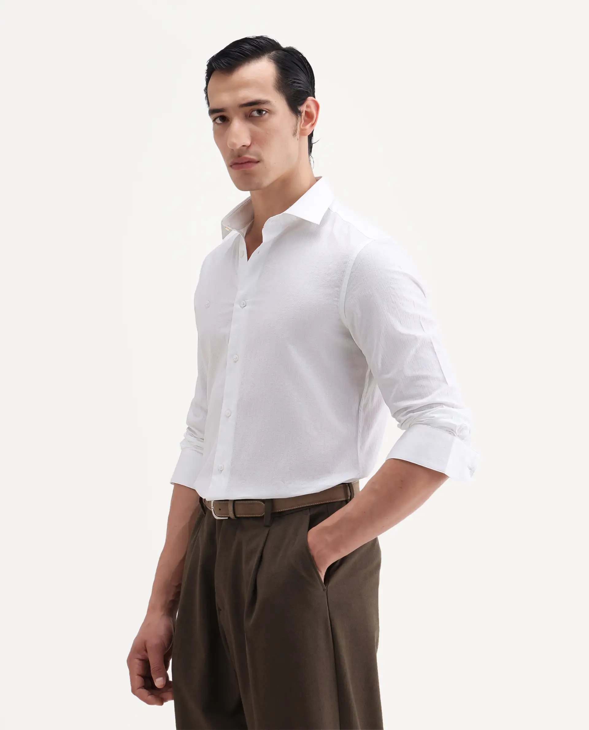 Rare Rabbit Men's Jige White Cotton Fabric Full Sleeve Spread Collar Button Regular Plain Shirt - Image 5