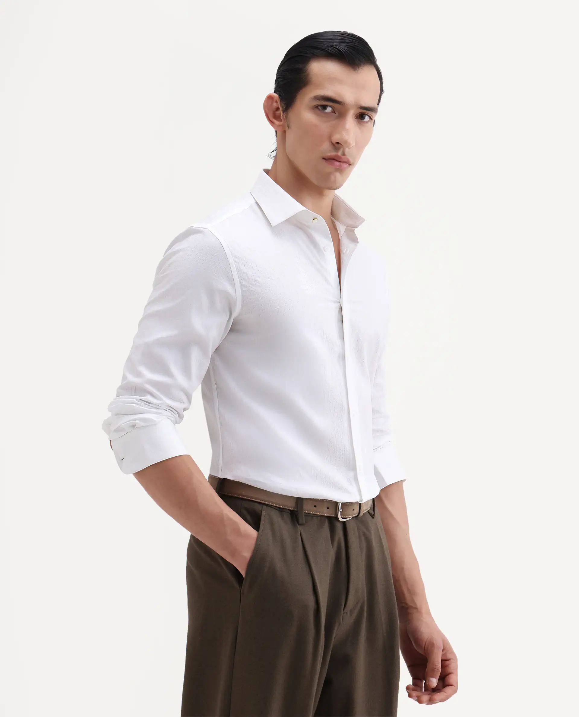 Rare Rabbit Men's Jige White Cotton Fabric Full Sleeve Spread Collar Button Regular Plain Shirt - Image 6