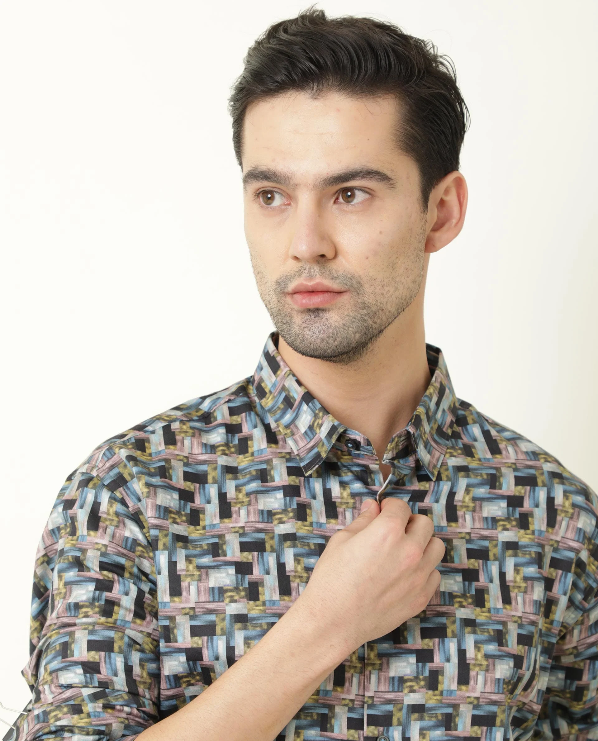 Rare Rabbit Men's Jigsawee Grey Cotton Geometric Print Regular Fit Full Sleeve Collared Shirt - Image 2