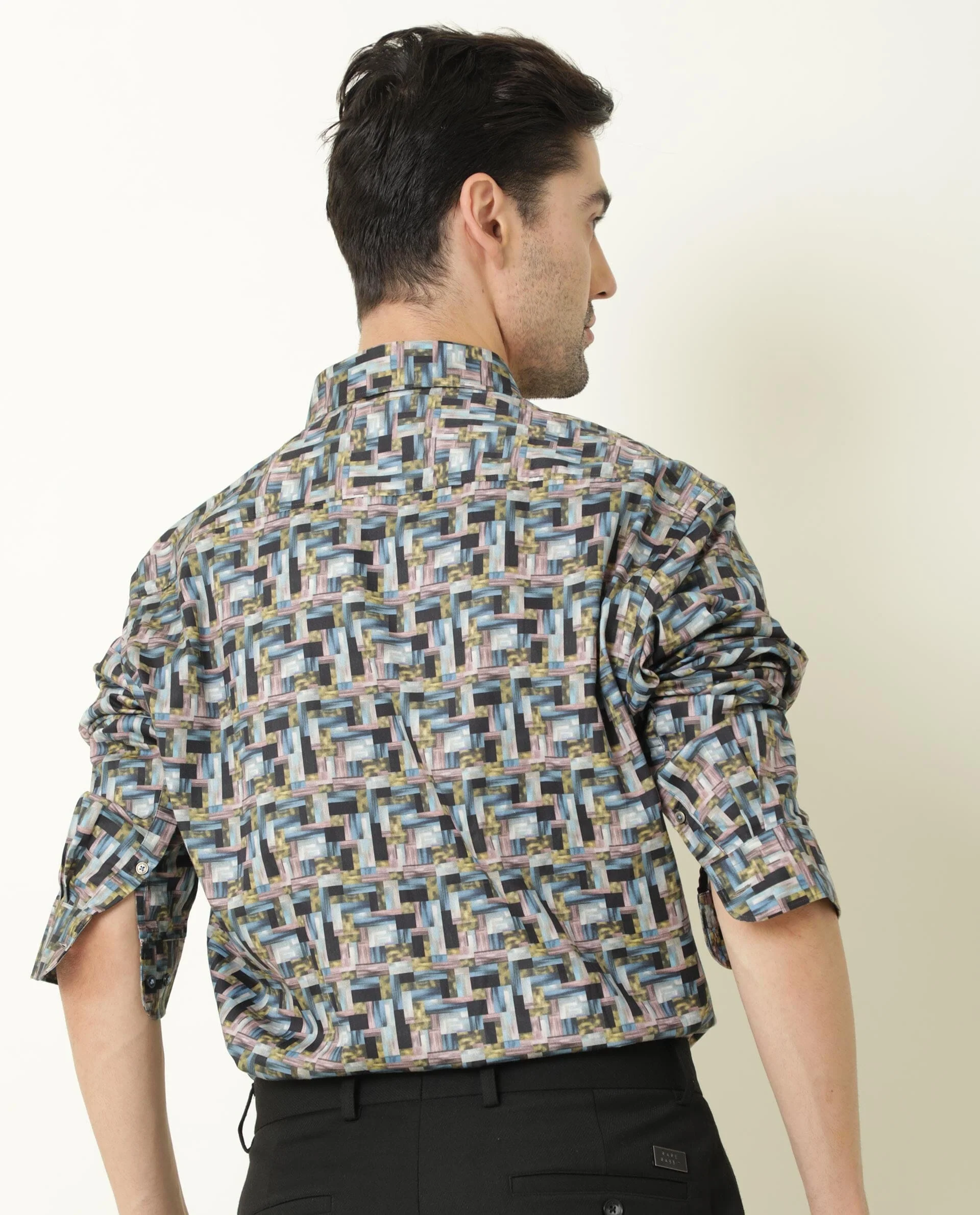 Rare Rabbit Men's Jigsawee Grey Cotton Geometric Print Regular Fit Full Sleeve Collared Shirt - Image 3
