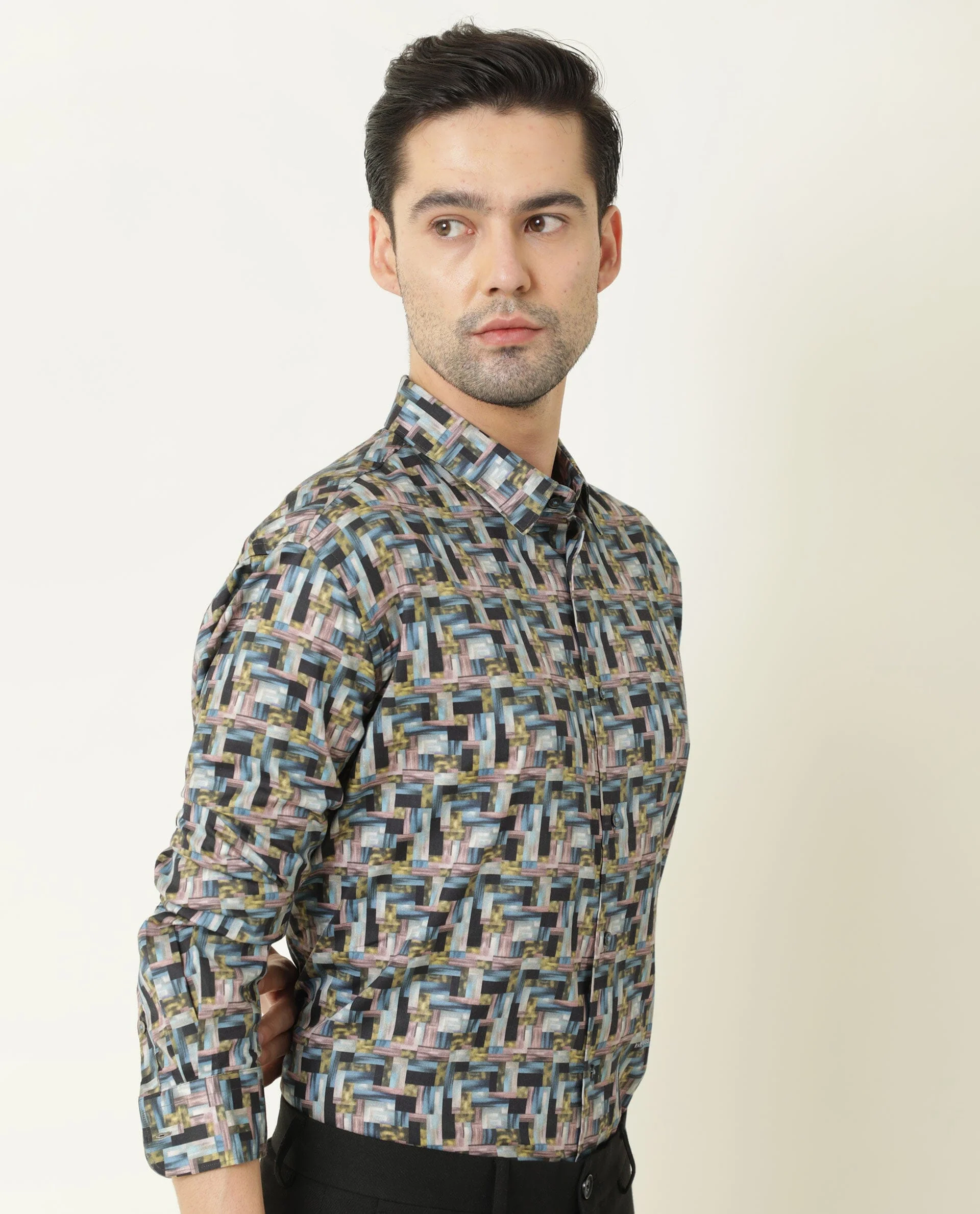 Rare Rabbit Men's Jigsawee Grey Cotton Geometric Print Regular Fit Full Sleeve Collared Shirt - Image 6