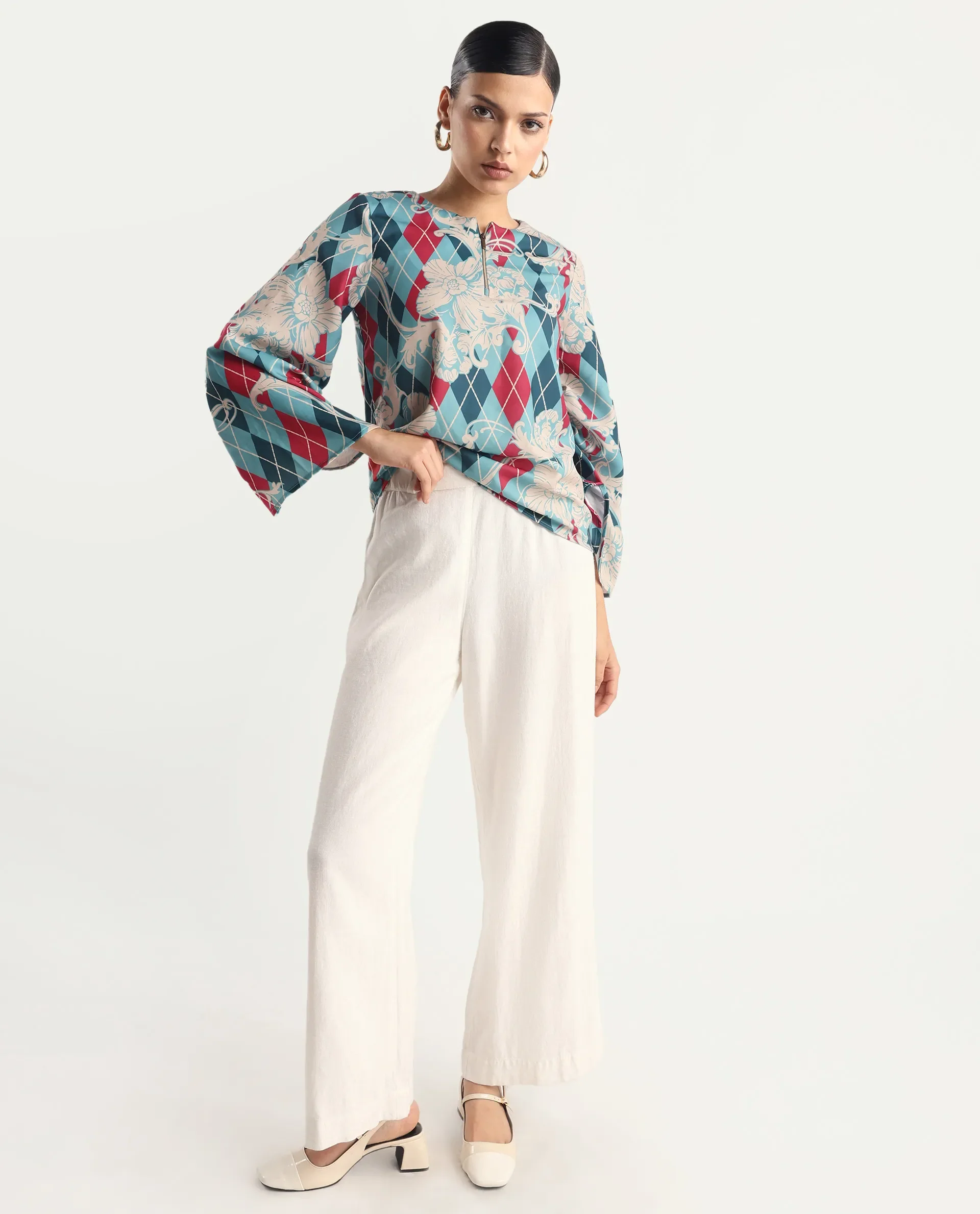 Rareism Women's Jiko Multi Satin Round Neck Geometric Print Volume Sleeve Regular Fit Top - Image 2
