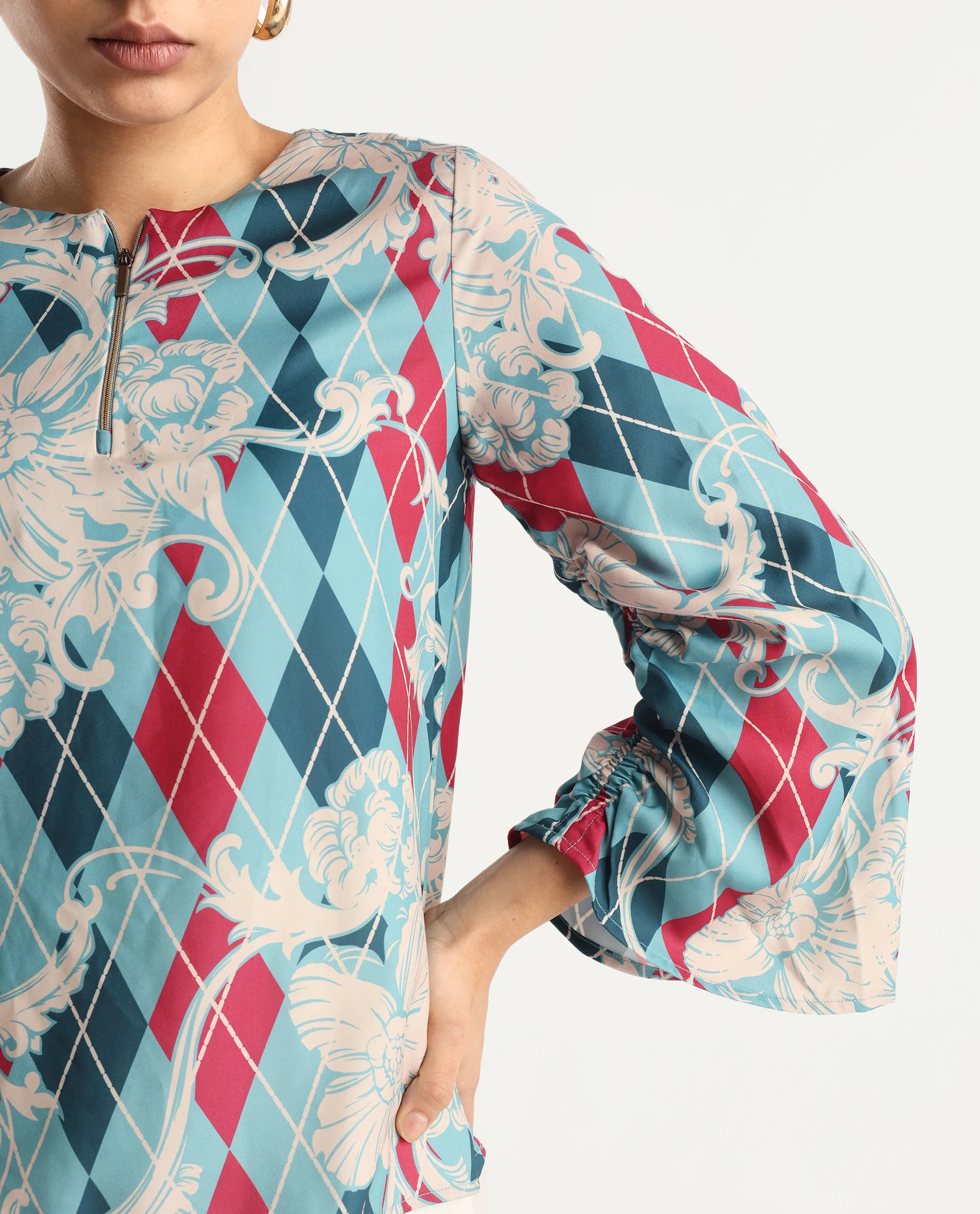 Rareism Women's Jiko Multi Satin Round Neck Geometric Print Volume Sleeve Regular Fit Top - Image 3
