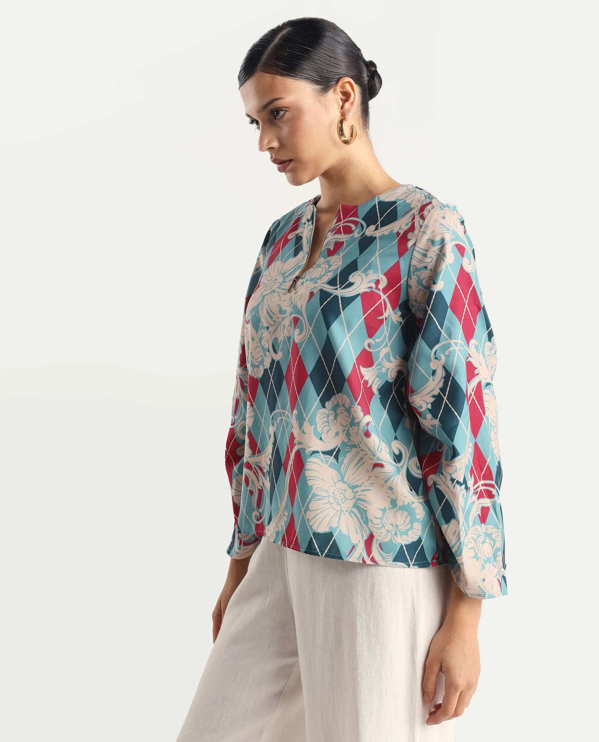 Rareism Women's Jiko Multi Satin Round Neck Geometric Print Volume Sleeve Regular Fit Top - Image 4