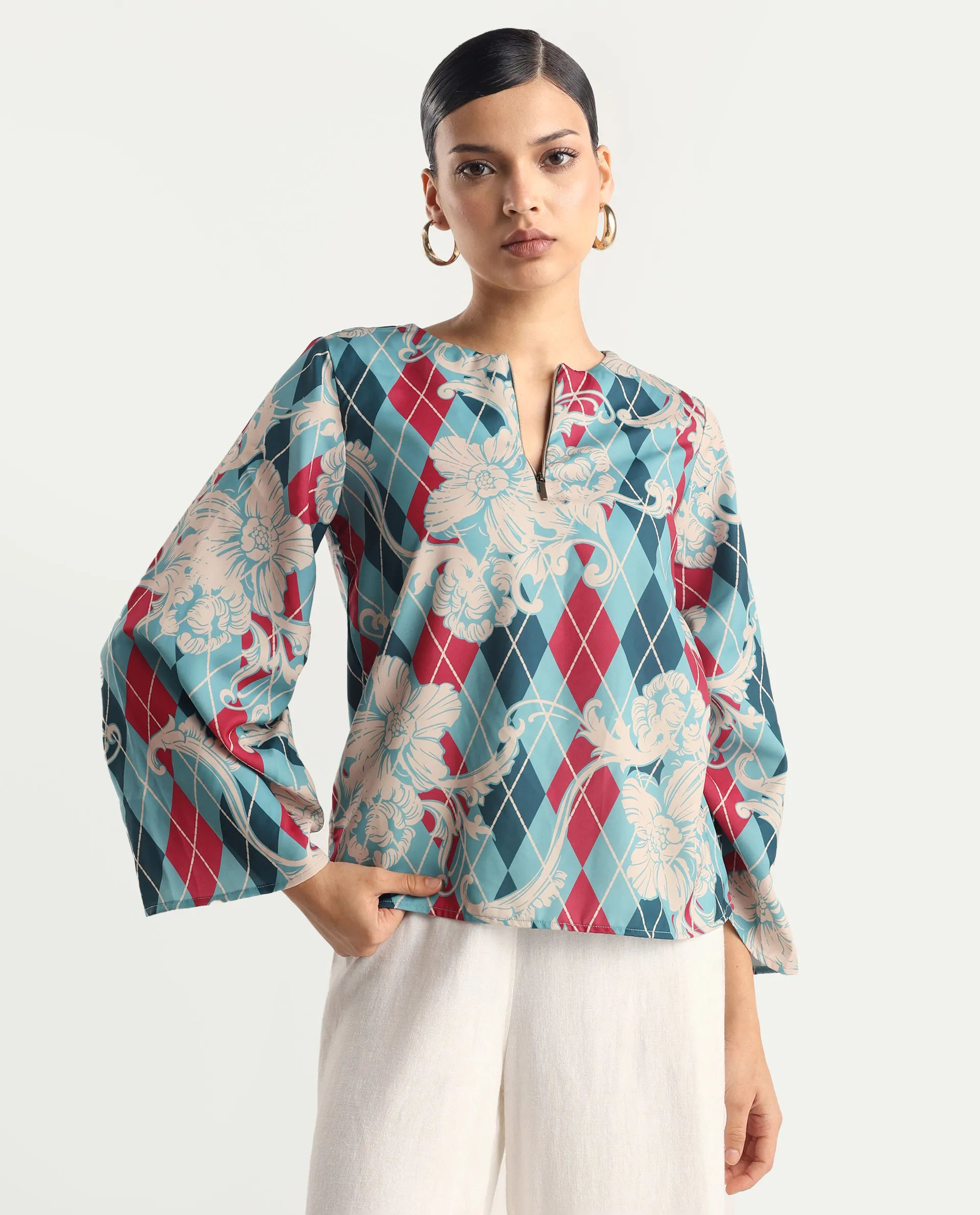 Rareism Women's Jiko Multi Satin Round Neck Geometric Print Volume Sleeve Regular Fit Top - Image 5