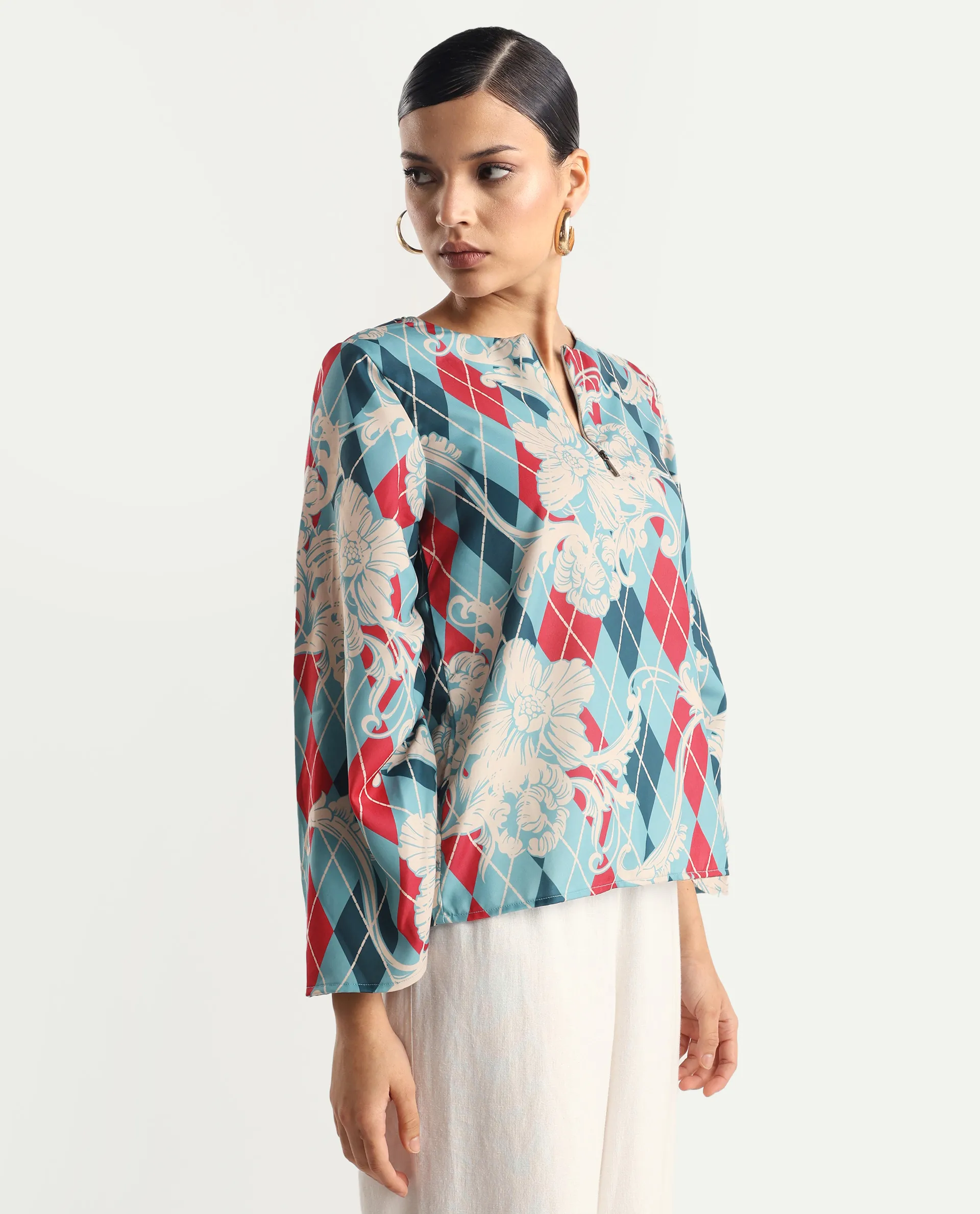 Rareism Women's Jiko Multi Satin Round Neck Geometric Print Volume Sleeve Regular Fit Top - Image 6