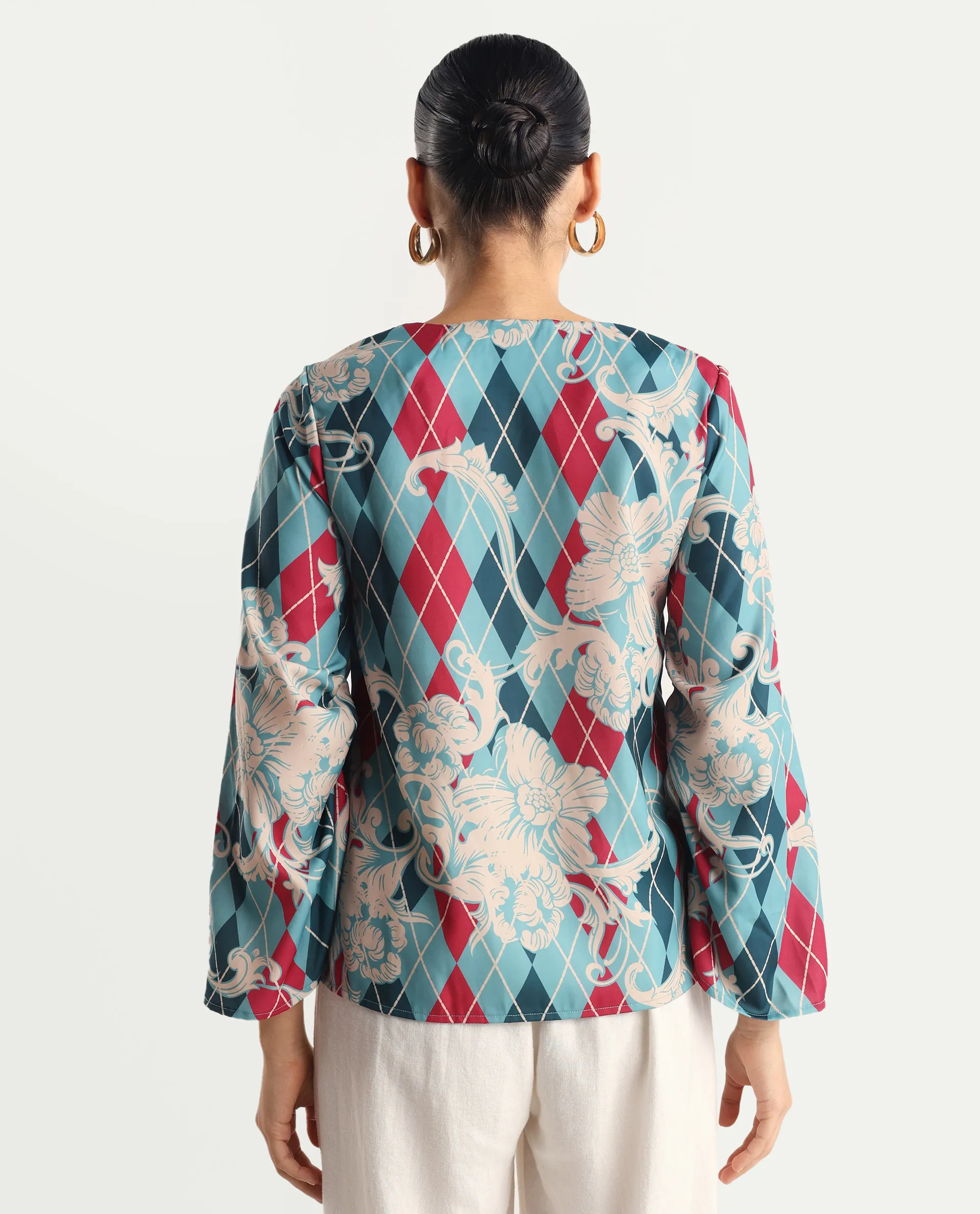 Rareism Women's Jiko Multi Satin Round Neck Geometric Print Volume Sleeve Regular Fit Top - Image 7