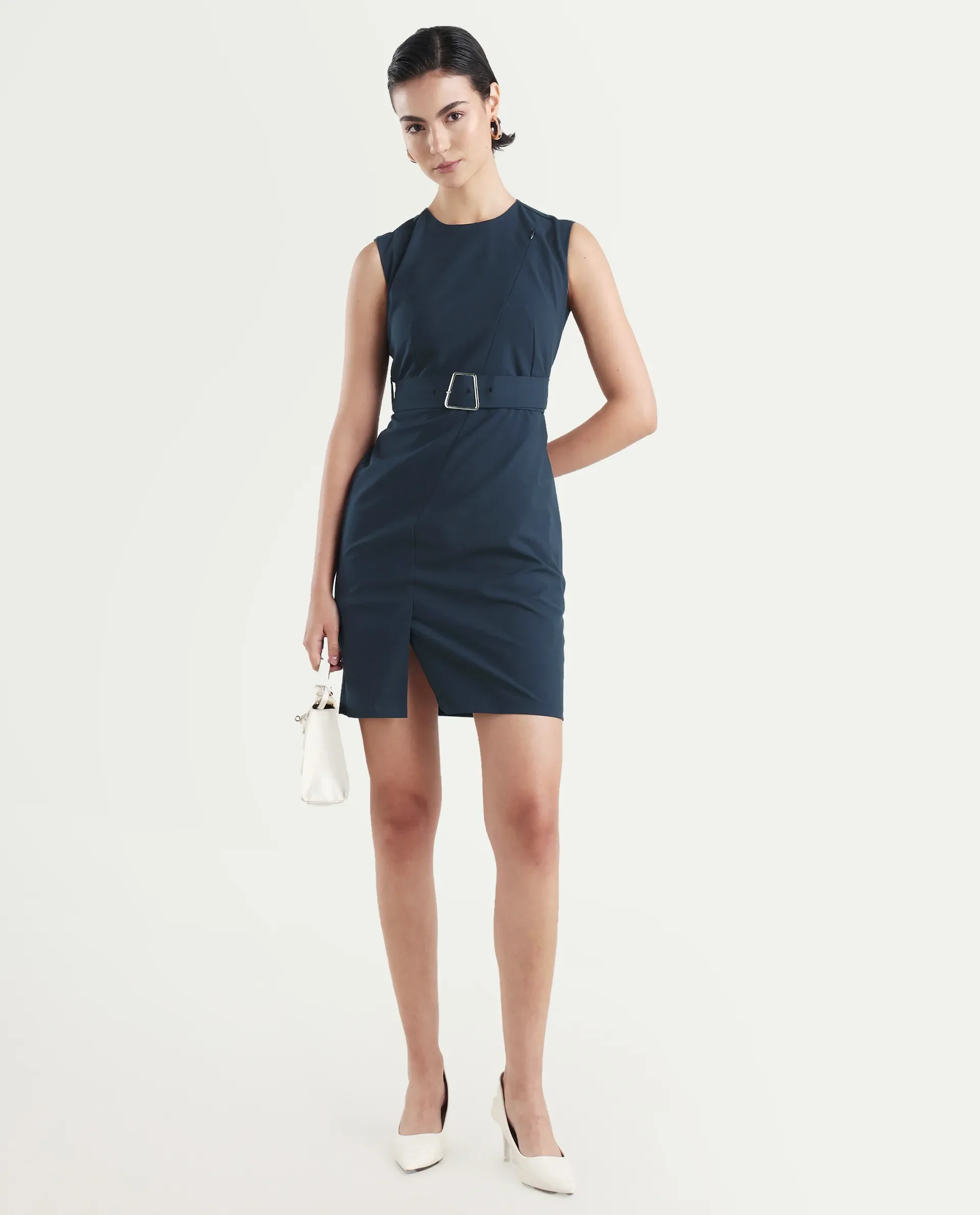Rareism Women's Jiky Navy Polyester Blend Sleeveless Round Neck Fitted Fit Plain Dress - Image 2