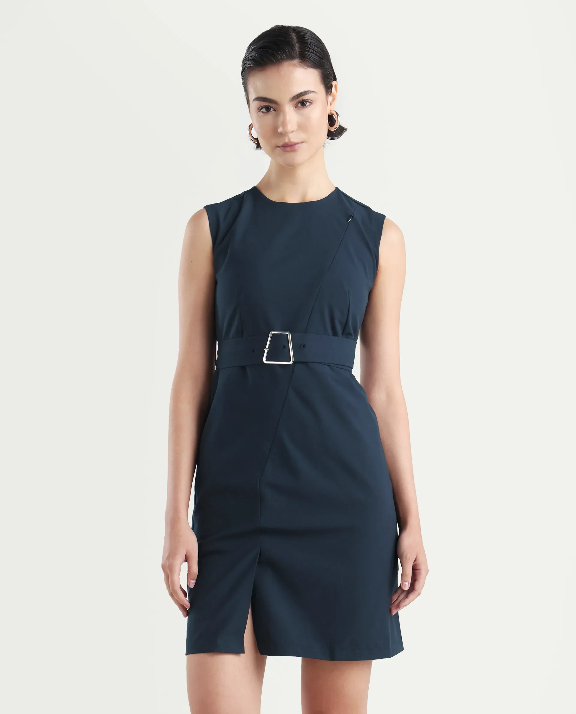 Rareism Women's Jiky Navy Polyester Blend Sleeveless Round Neck Fitted Fit Plain Dress - Image 3