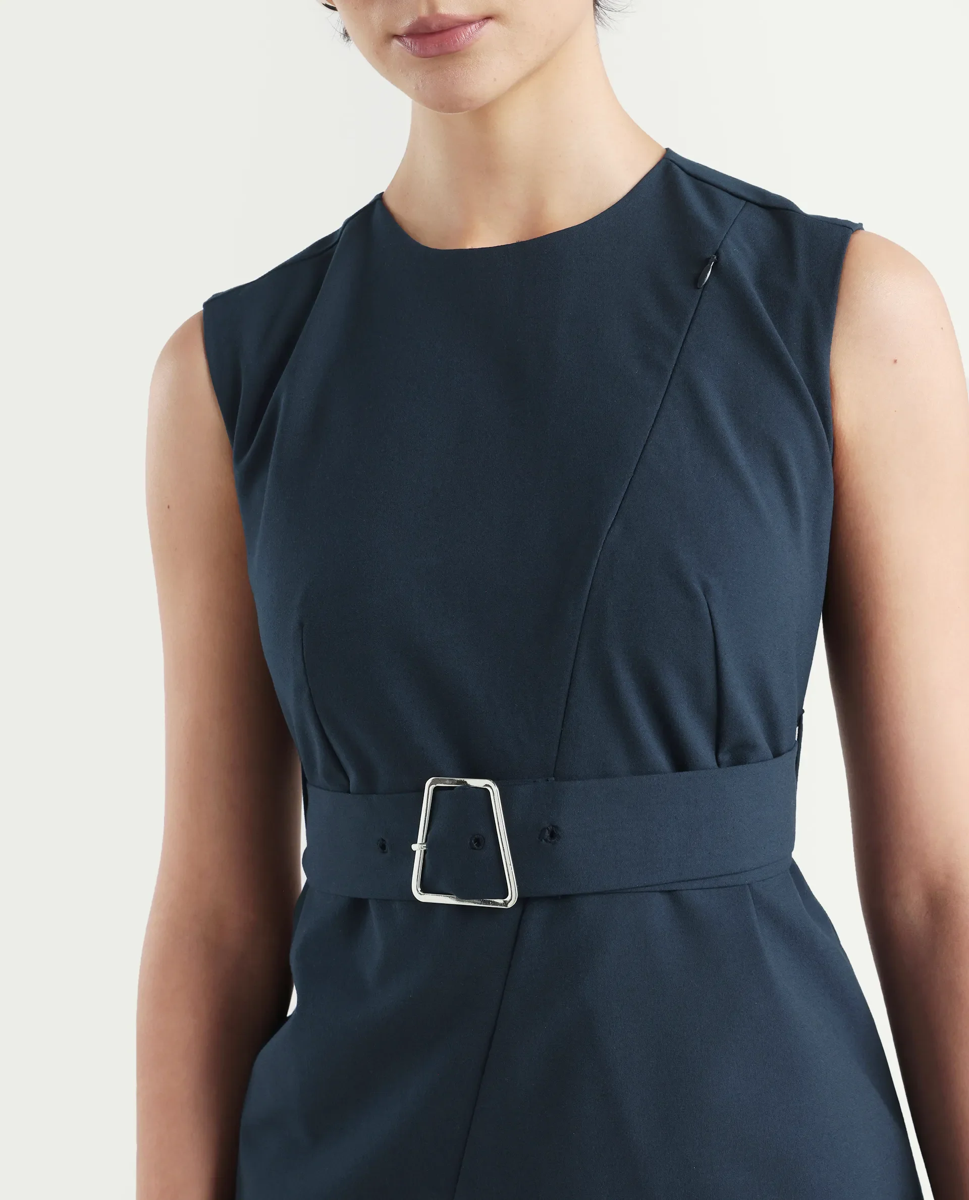 Rareism Women's Jiky Navy Polyester Blend Sleeveless Round Neck Fitted Fit Plain Dress - Image 4