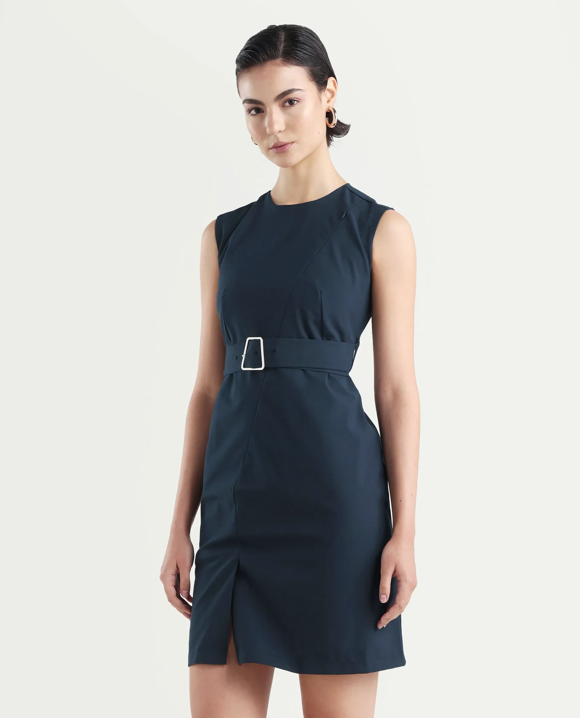 Rareism Women's Jiky Navy Polyester Blend Sleeveless Round Neck Fitted Fit Plain Dress - Image 5