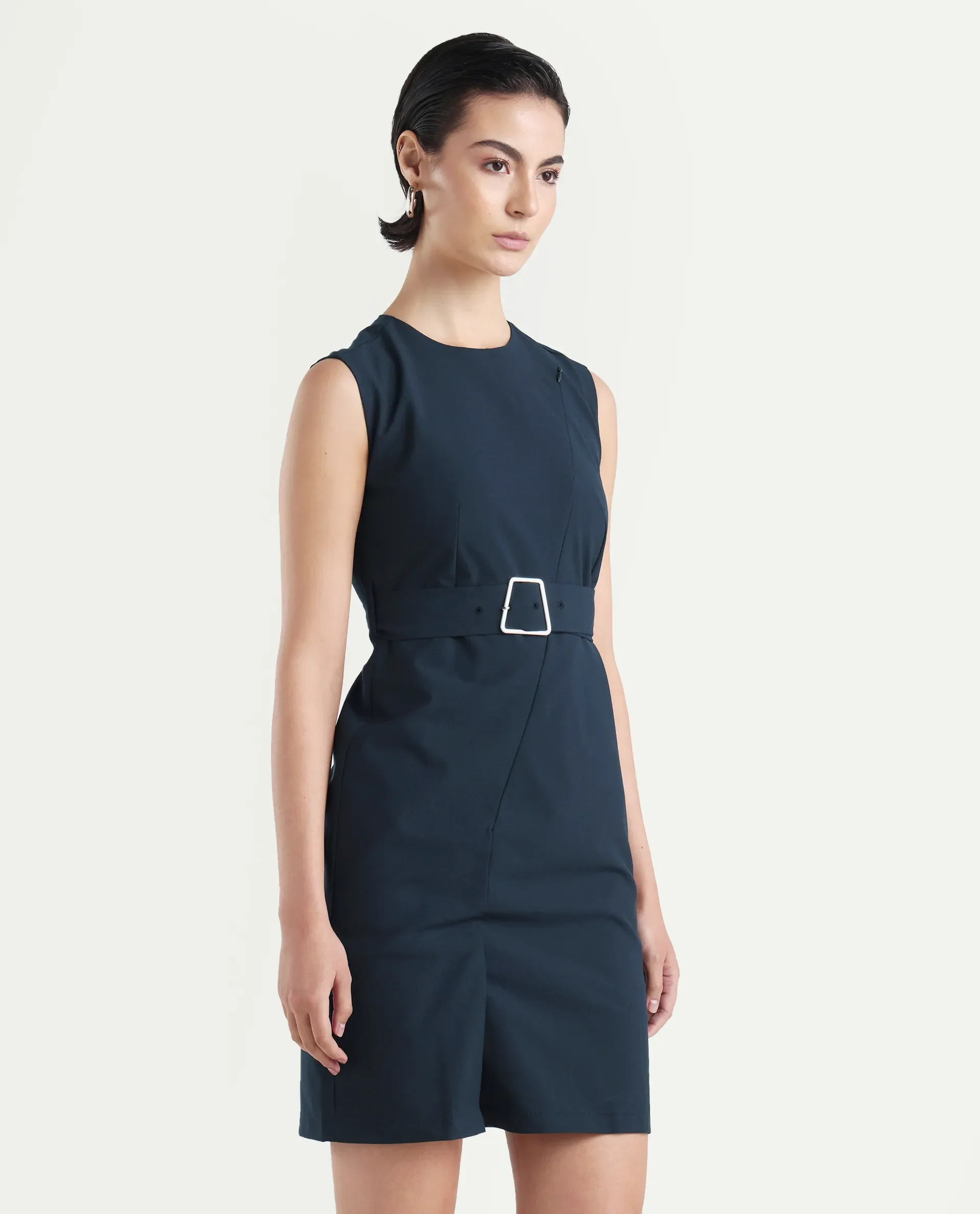 Rareism Women's Jiky Navy Polyester Blend Sleeveless Round Neck Fitted Fit Plain Dress - Image 6
