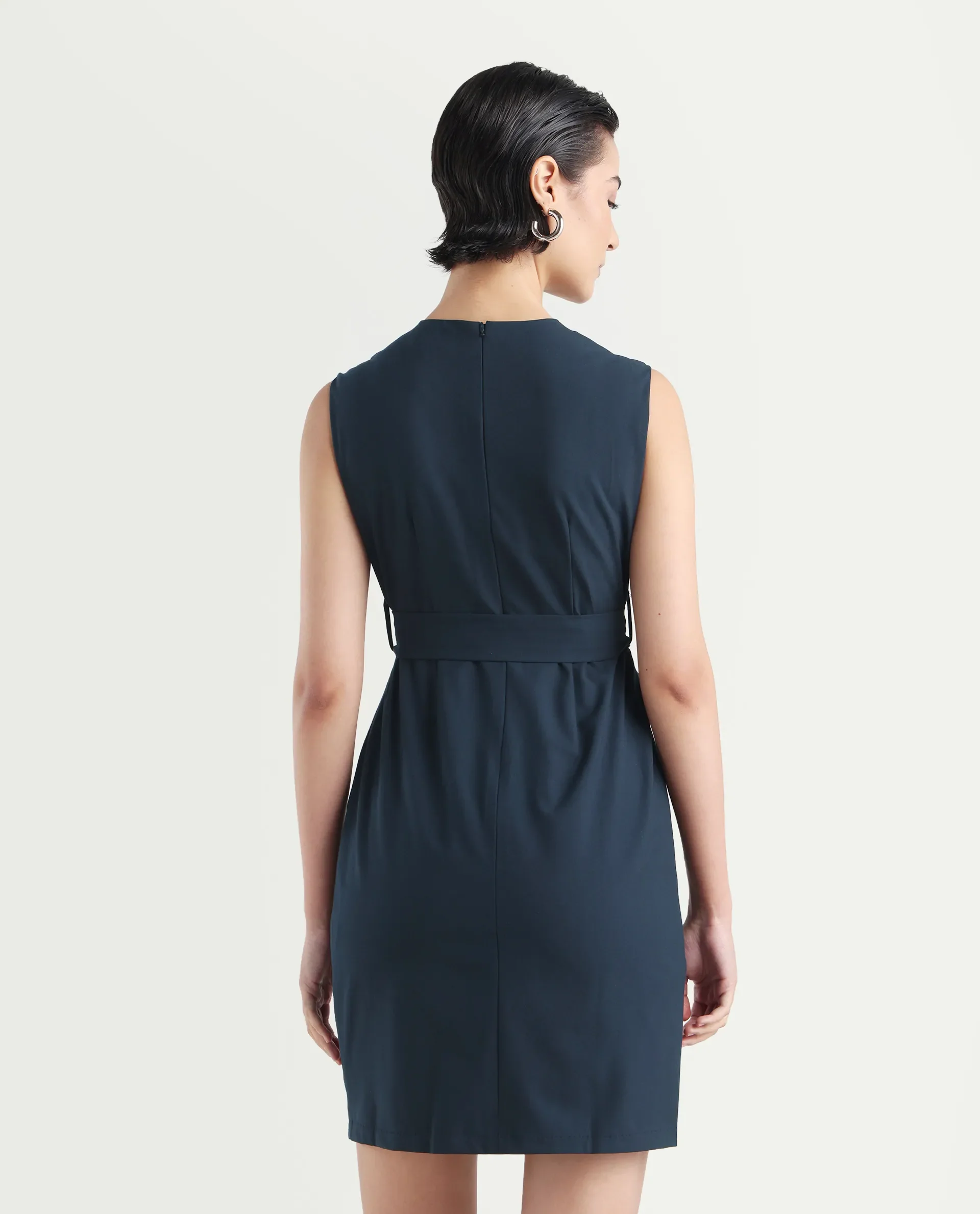 Rareism Women's Jiky Navy Polyester Blend Sleeveless Round Neck Fitted Fit Plain Dress - Image 7