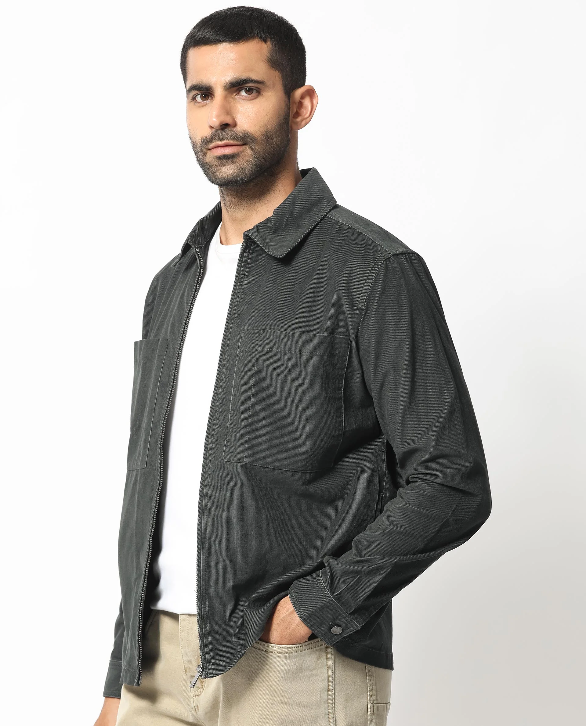 Rare Rabbit Men's Jilin Dark Grey Cotton Plain Relaxed Fit Full Sleeve Collared Shacket - Image 7