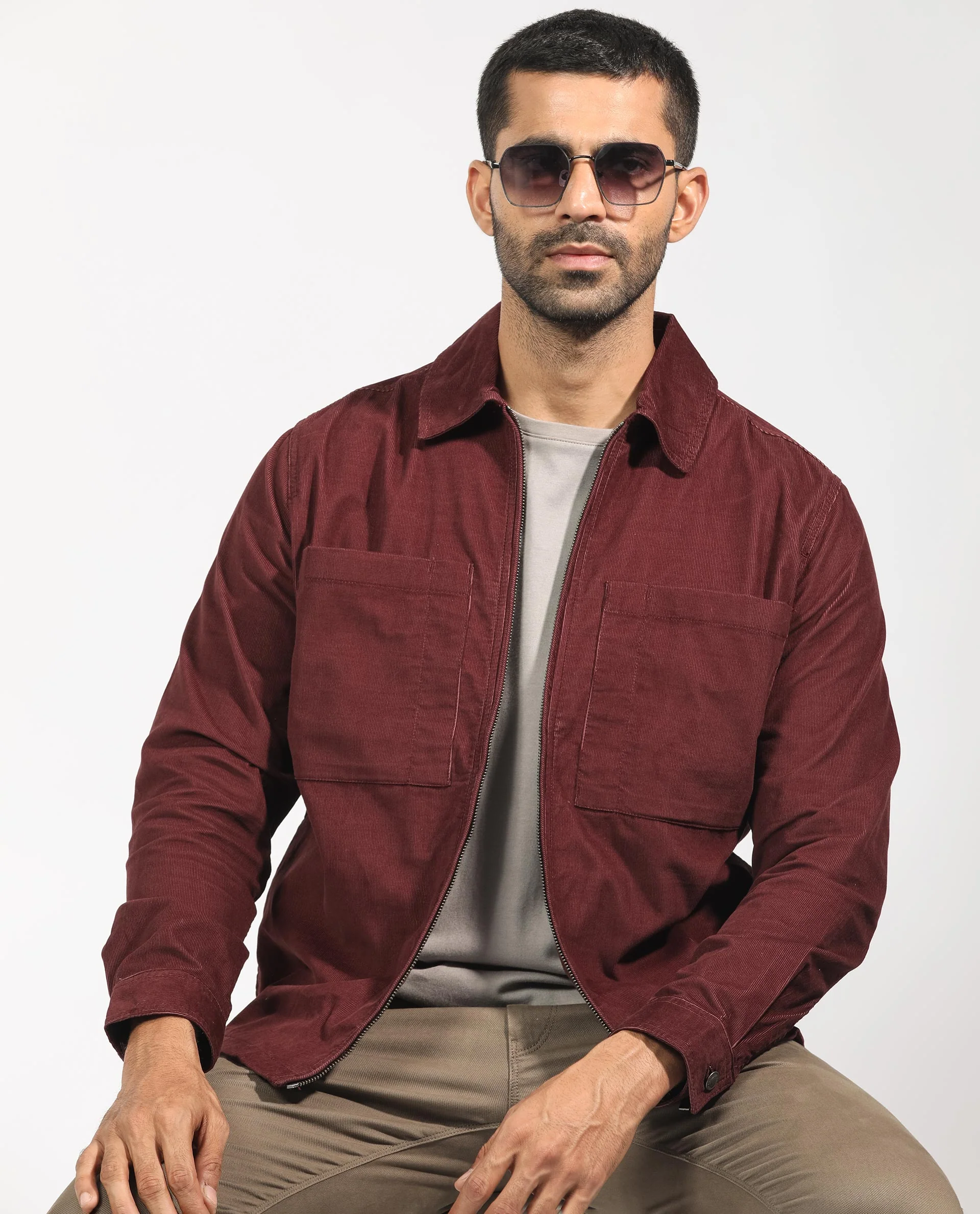 Rare Rabbit Men's Jilin Dark Maroon Cotton Plain Relaxed Fit Full Sleeve Collared Shacket